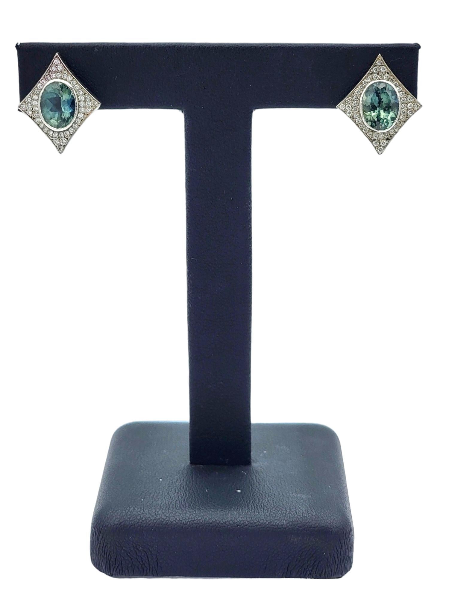 Oval Sapphire and Pavé Diamond 4 Point Star Stud Earrings in 14 Karat White Gold For Sale 2
