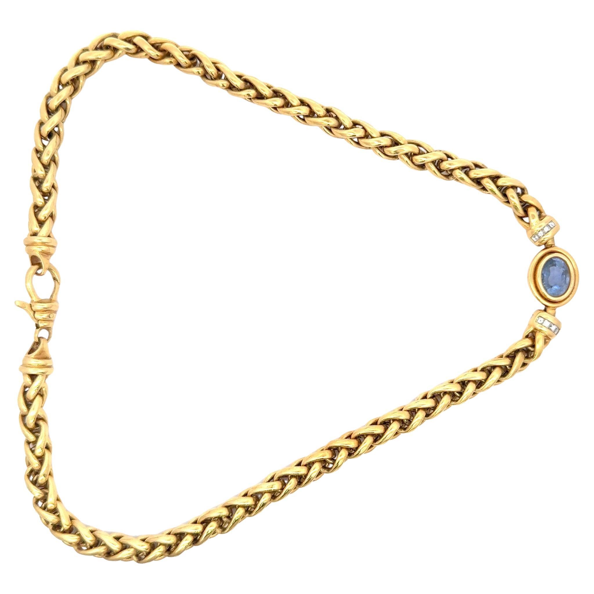 Collier à maillons cubains en or jaune 18 carats avec chaton en saphir ovale 52.4 grammes 18