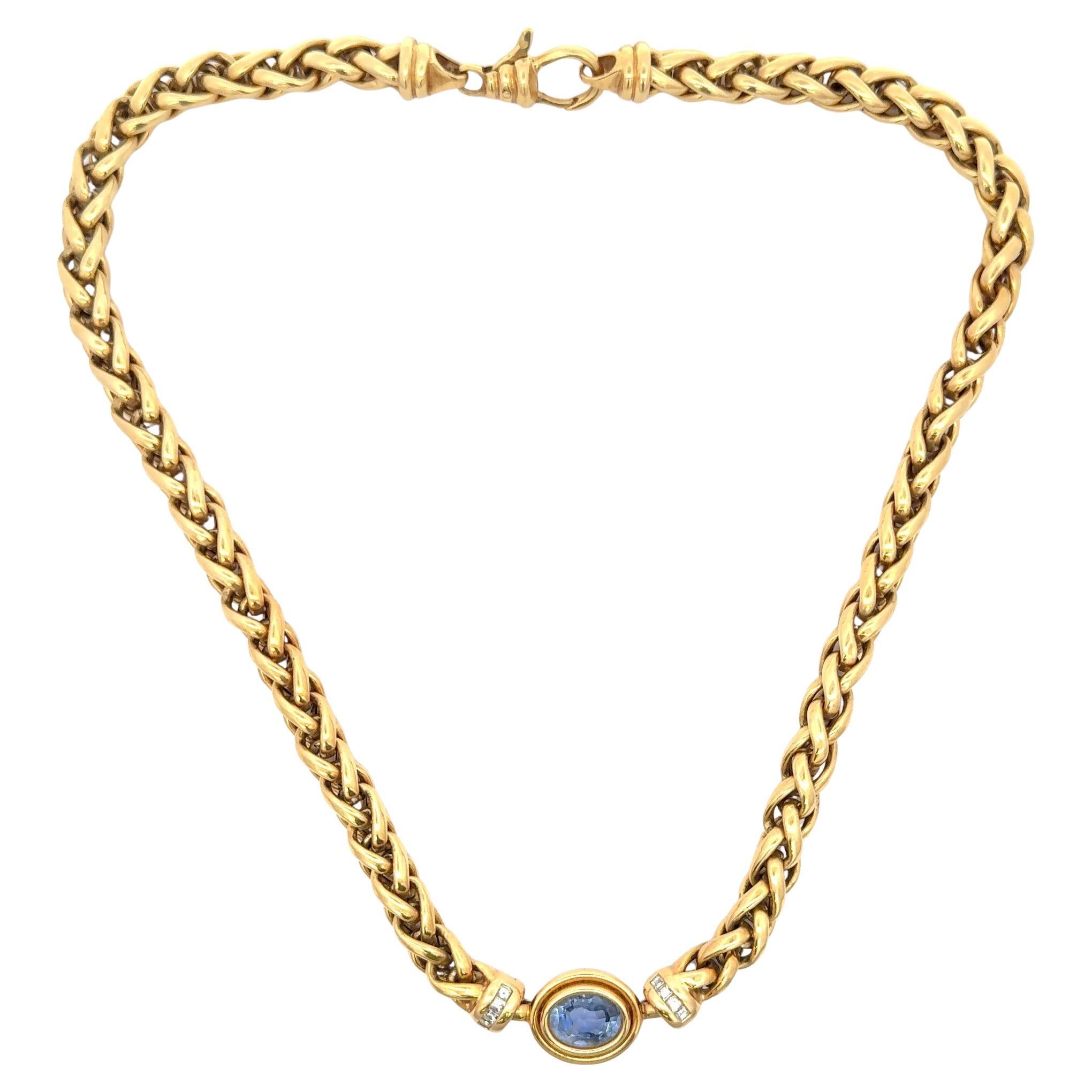 Oval Sapphire Bezel Cuban Link Necklace 18 Karat Yellow Gold 52.4 Grams 18"