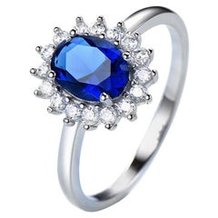 Oval Sapphire Blue Colored Cubic Zirconia Sterling Silver Ring