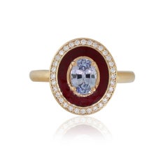 Oval Sapphire Dark Red Enamel Ring with Diamonds