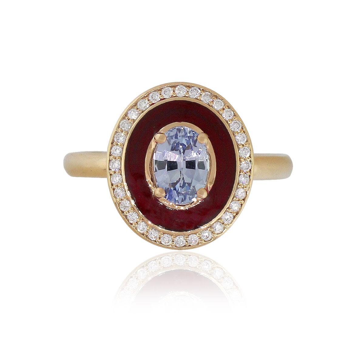Anello ovale con zaffiro rosso scuro e smalto con diamanti in vendita 2