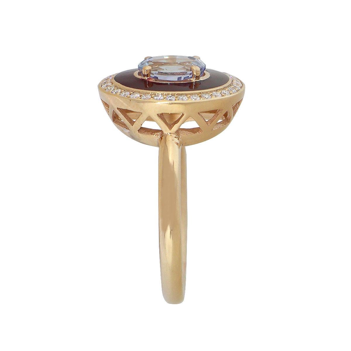 Anello ovale con zaffiro rosso scuro e smalto con diamanti in vendita 3