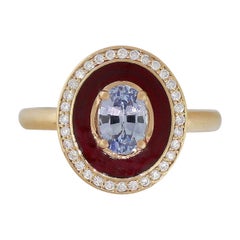 Oval Sapphire Dark Red Enamel Ring with Diamonds