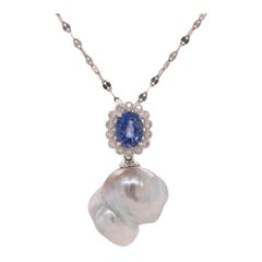 Oval Sapphire, Diamond and Baroque South Sea Pearl Platinum Necklace - Fei Liu