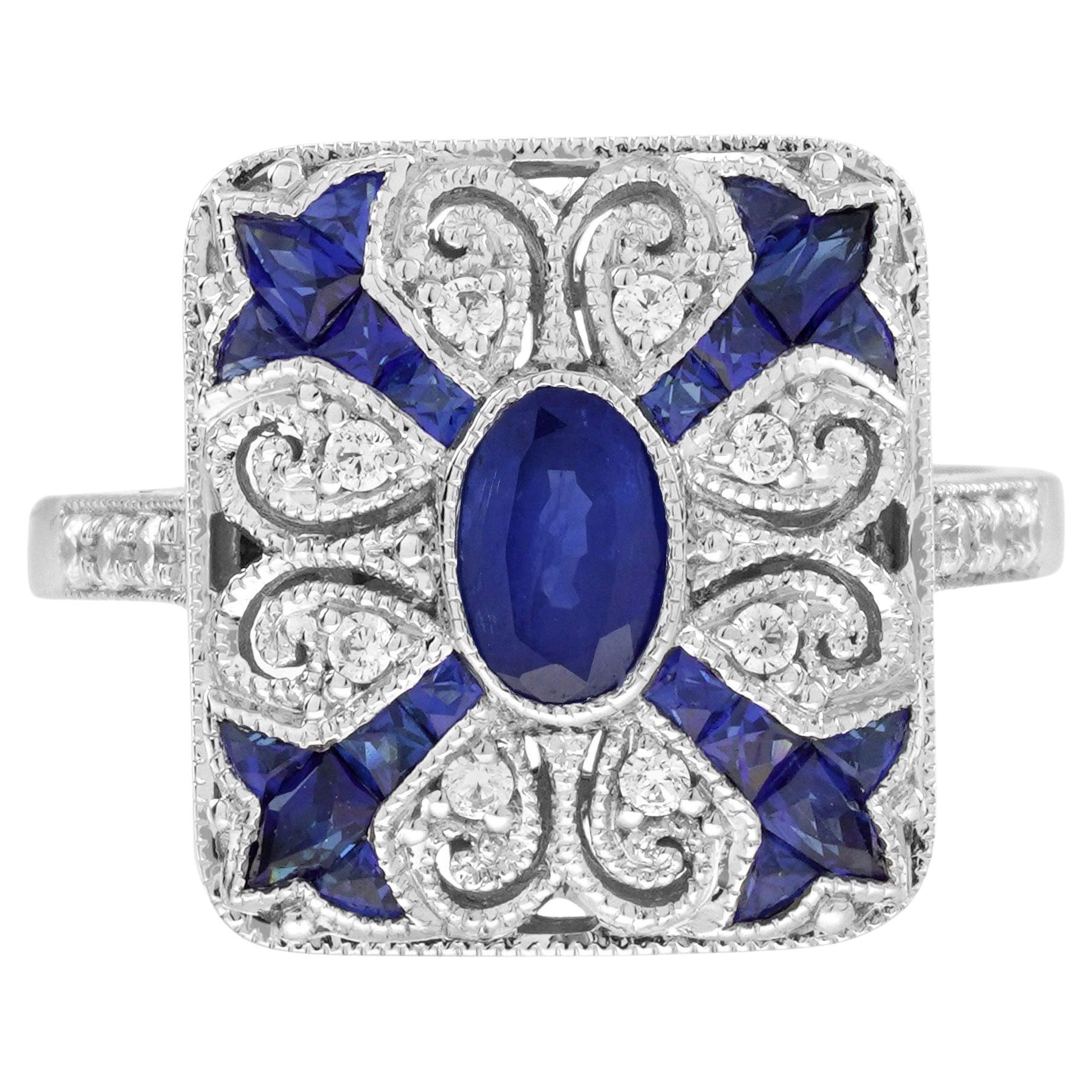 Art Deco Style 18K White Gold Oval Blue Sapphire Diamond Ring
