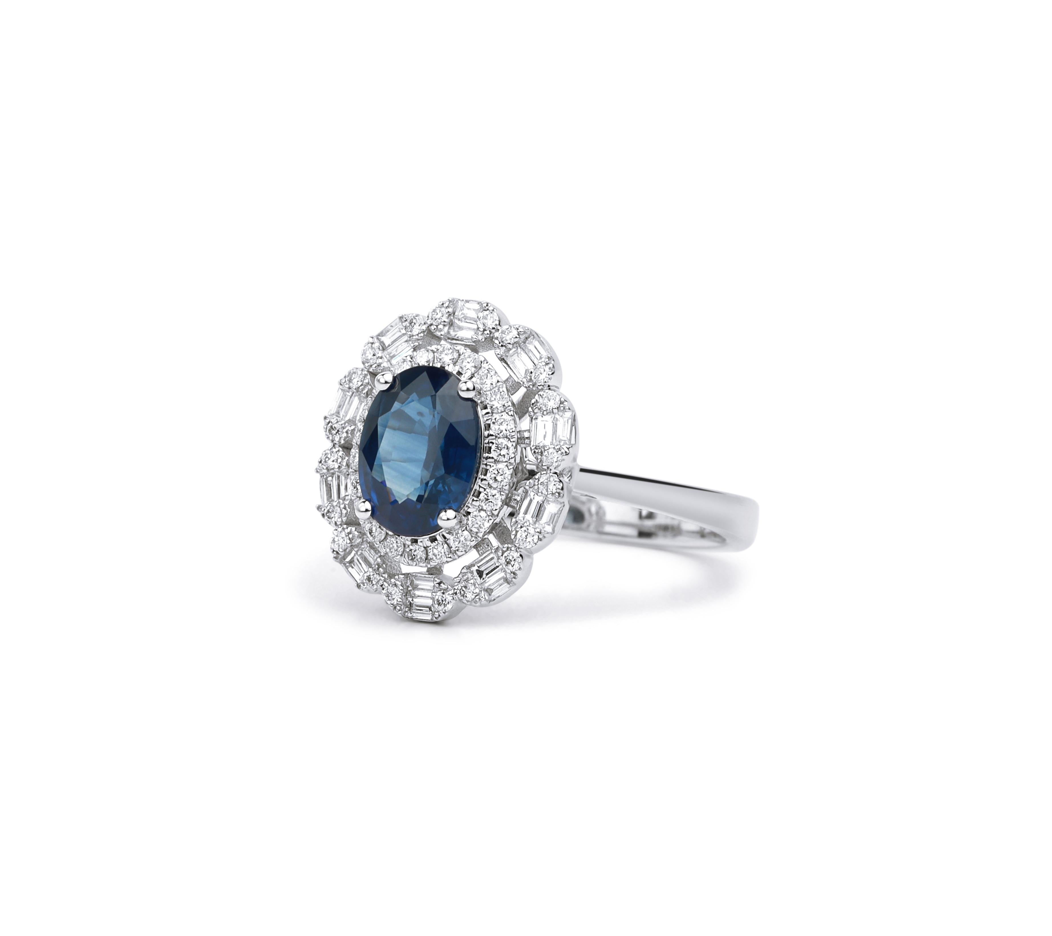 Art Deco Oval Sapphire Diamond Halo Cocktail Engagement Ring in 18 karat White Gold For Sale