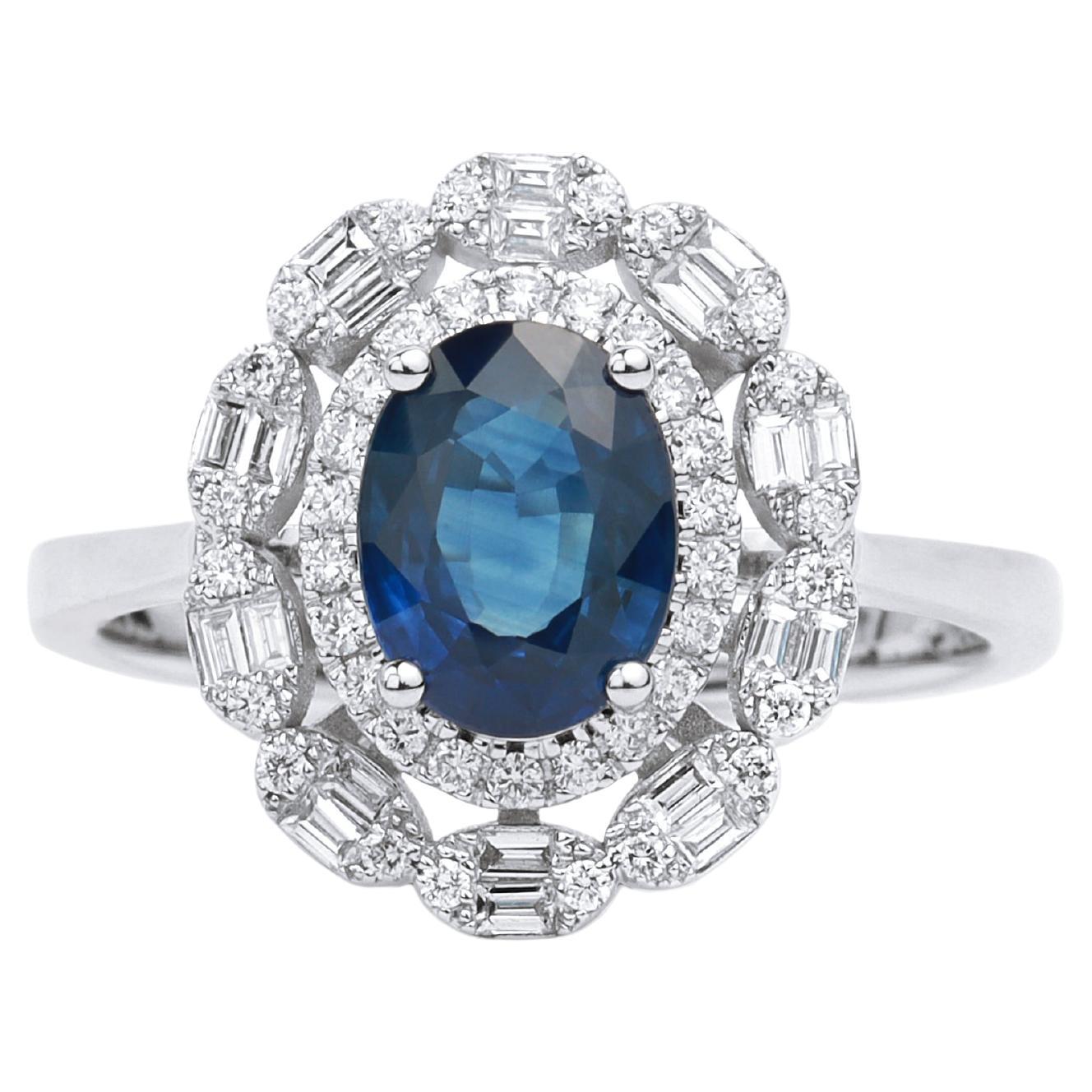 Oval Sapphire Diamond Halo Cocktail Engagement Ring in 18 karat White Gold For Sale
