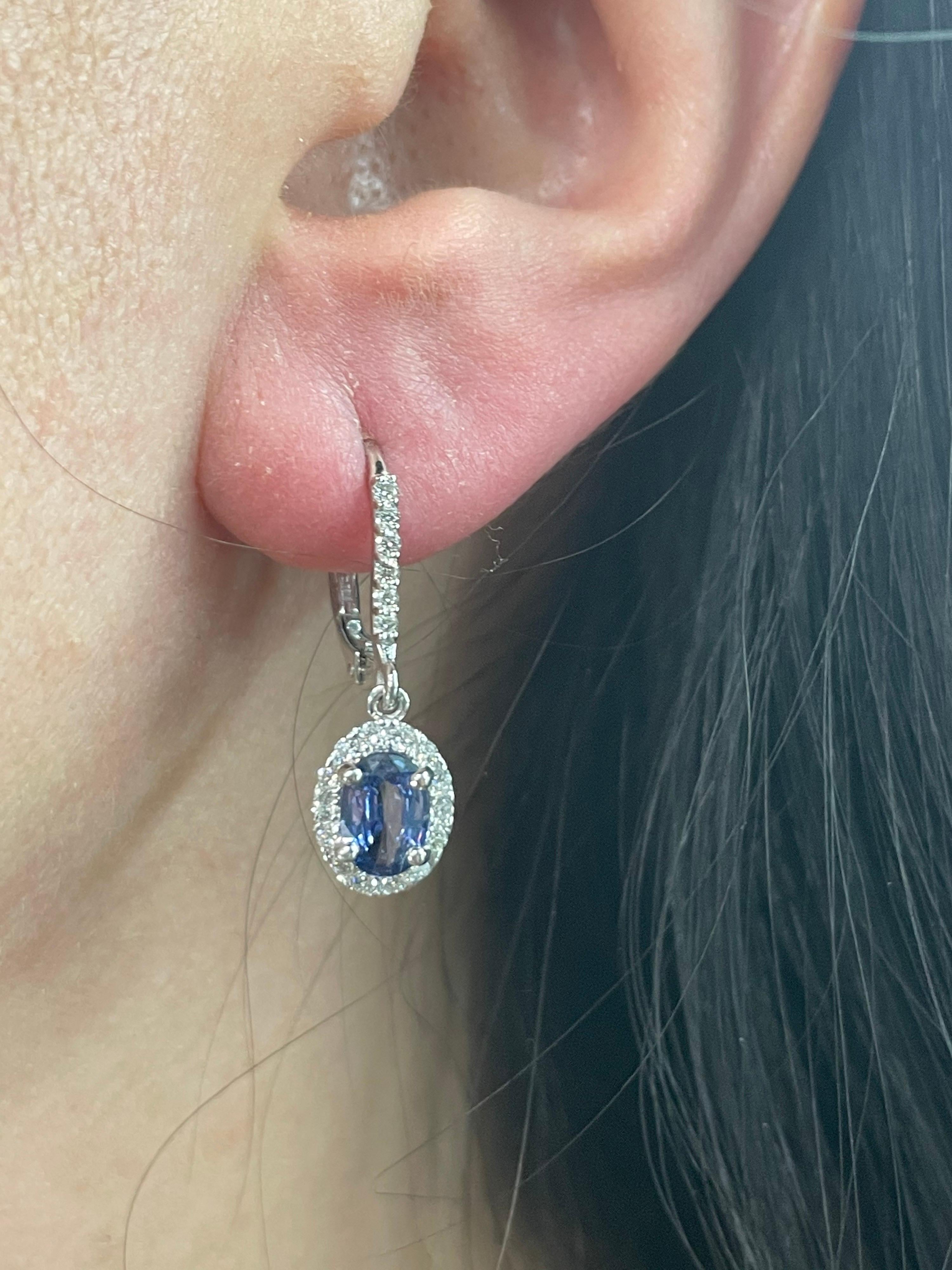 Contemporary Oval Sapphire Diamond Halo Drop Earrings Brillium Treated 2.26 Carats 14kt