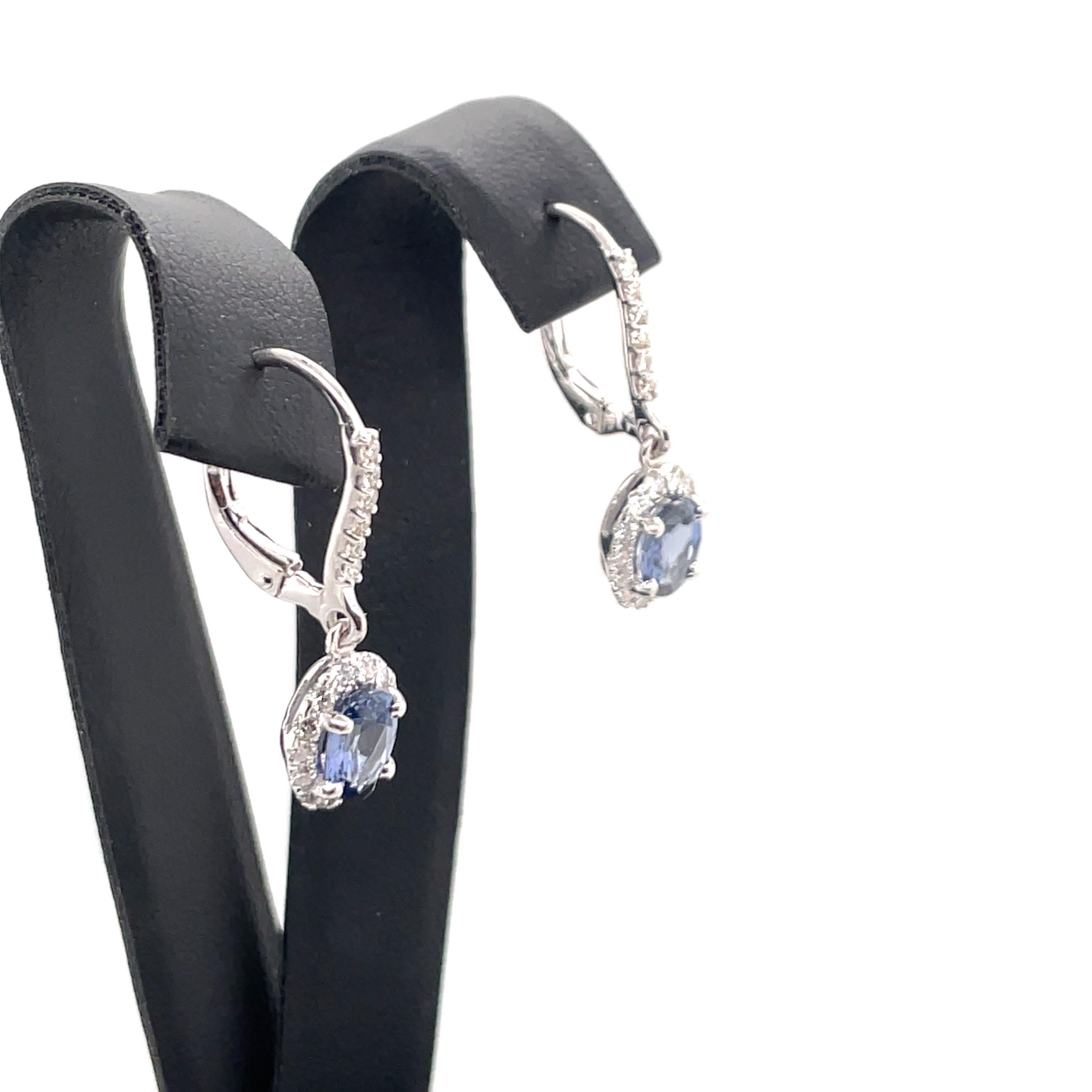 Oval Sapphire Diamond Halo Drop Earrings Brillium Treated 2.26 Carats 14kt In New Condition In New York, NY