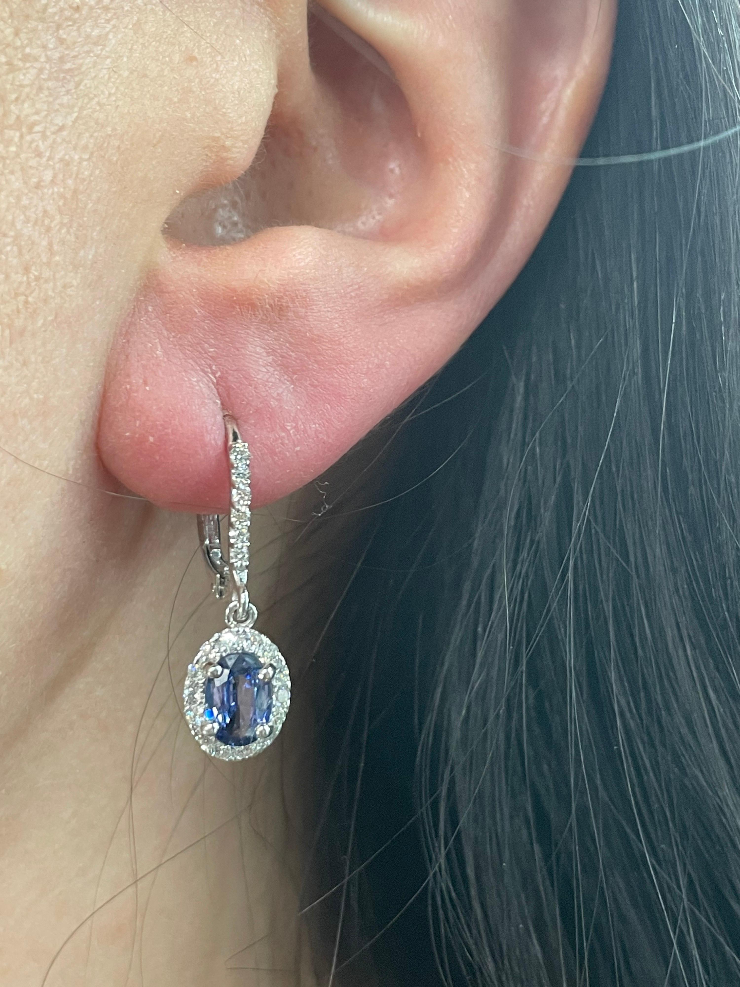 Oval Sapphire Diamond Halo Drop Earrings Brillium Treated 2.26 Carats 14kt 2