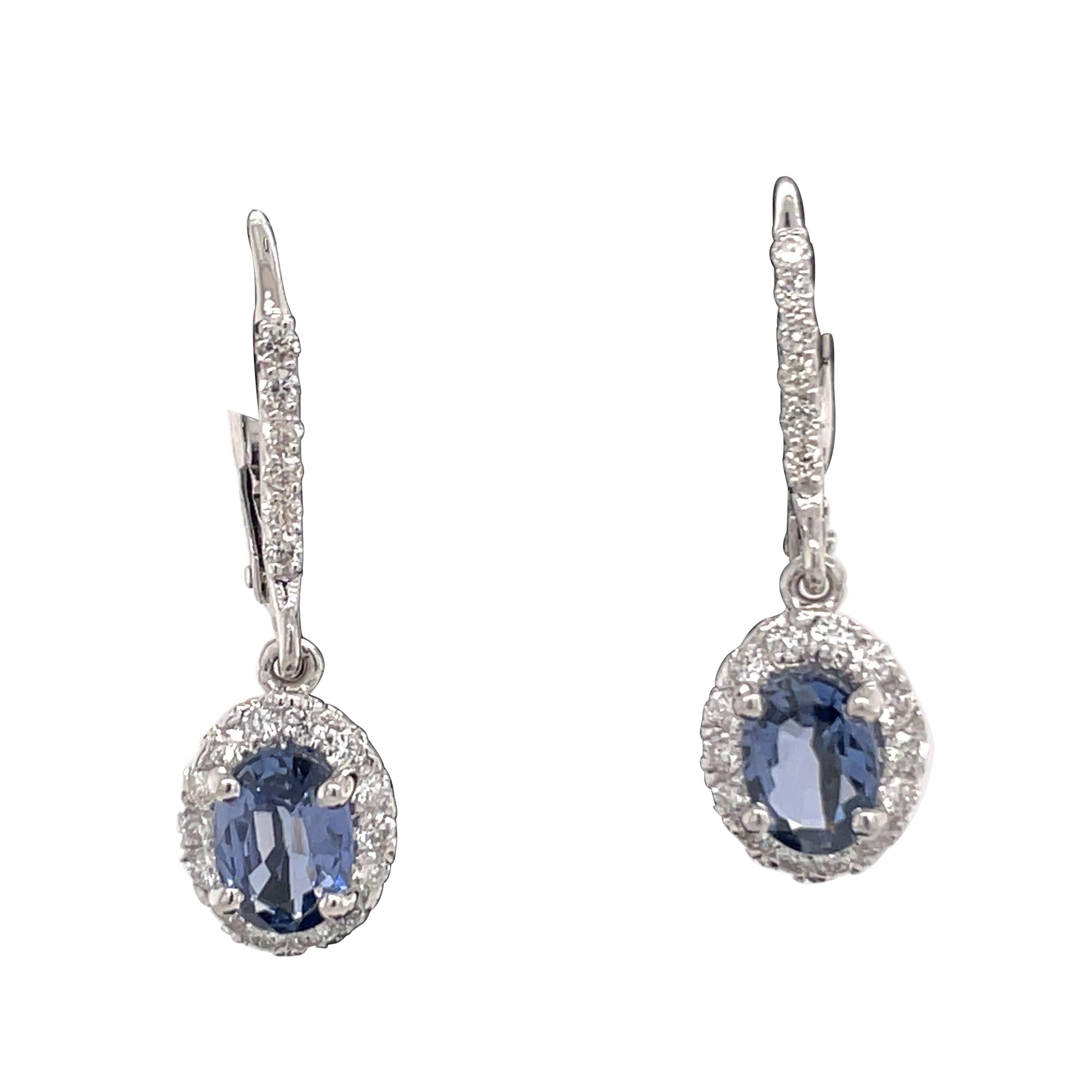 Oval Sapphire Diamond Halo Drop Earrings Brillium Treated 2.26 Carats 14kt