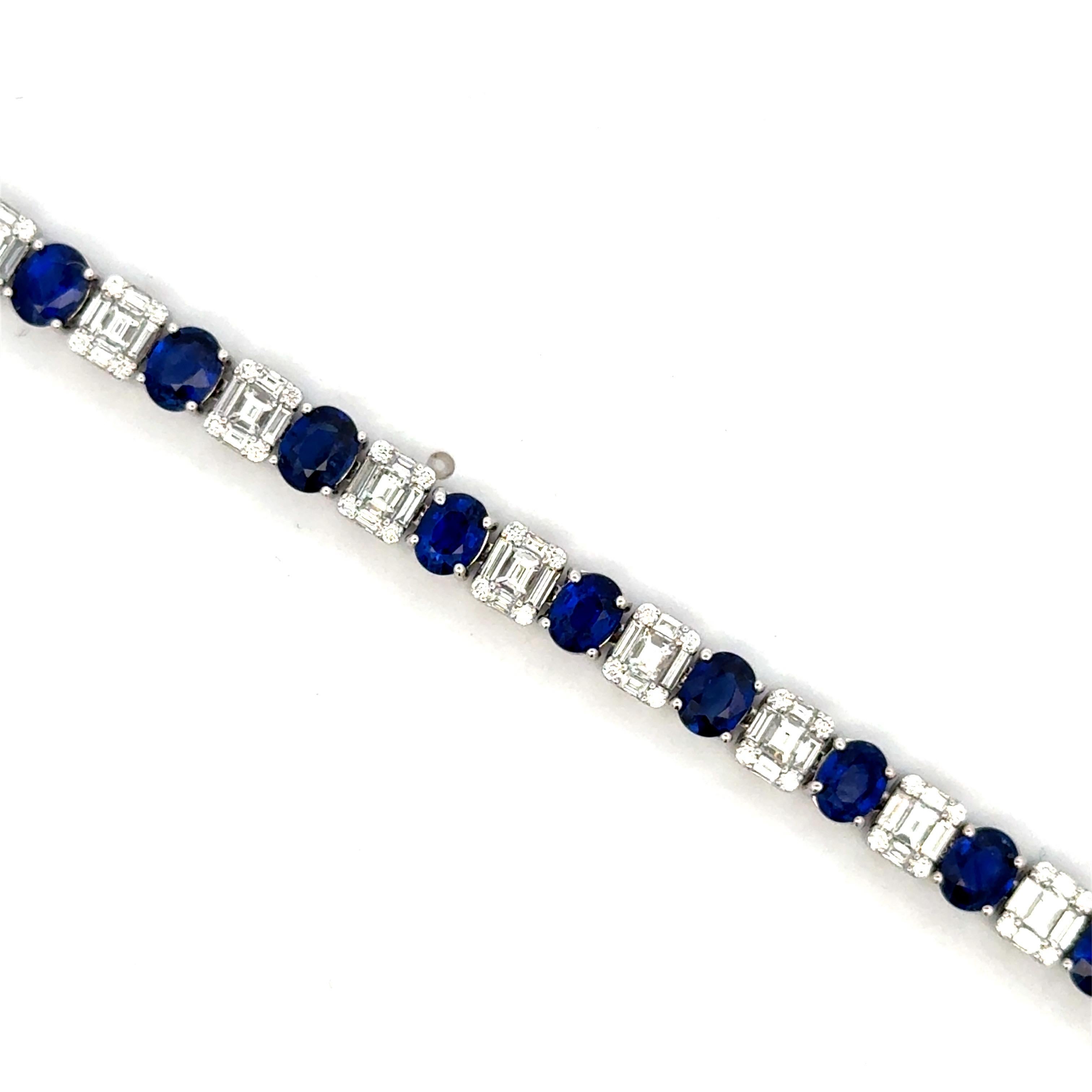 Zafiro Ovalado Diamante Ilusión Pulsera Tenis 11.80 Quilates Oro Blanco 18 Kilates en venta 5