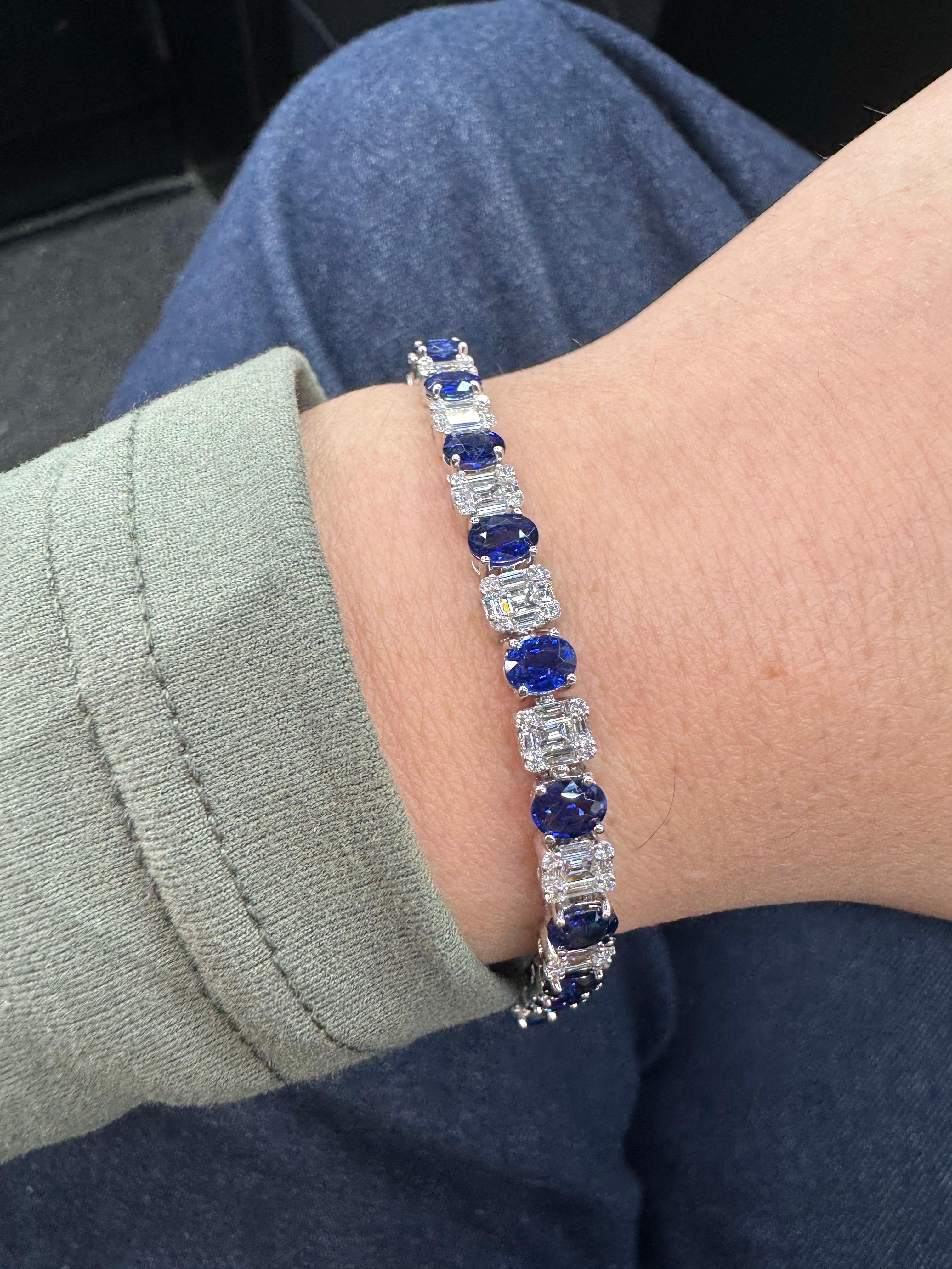 Zafiro Ovalado Diamante Ilusión Pulsera Tenis 11.80 Quilates Oro Blanco 18 Kilates en venta 6