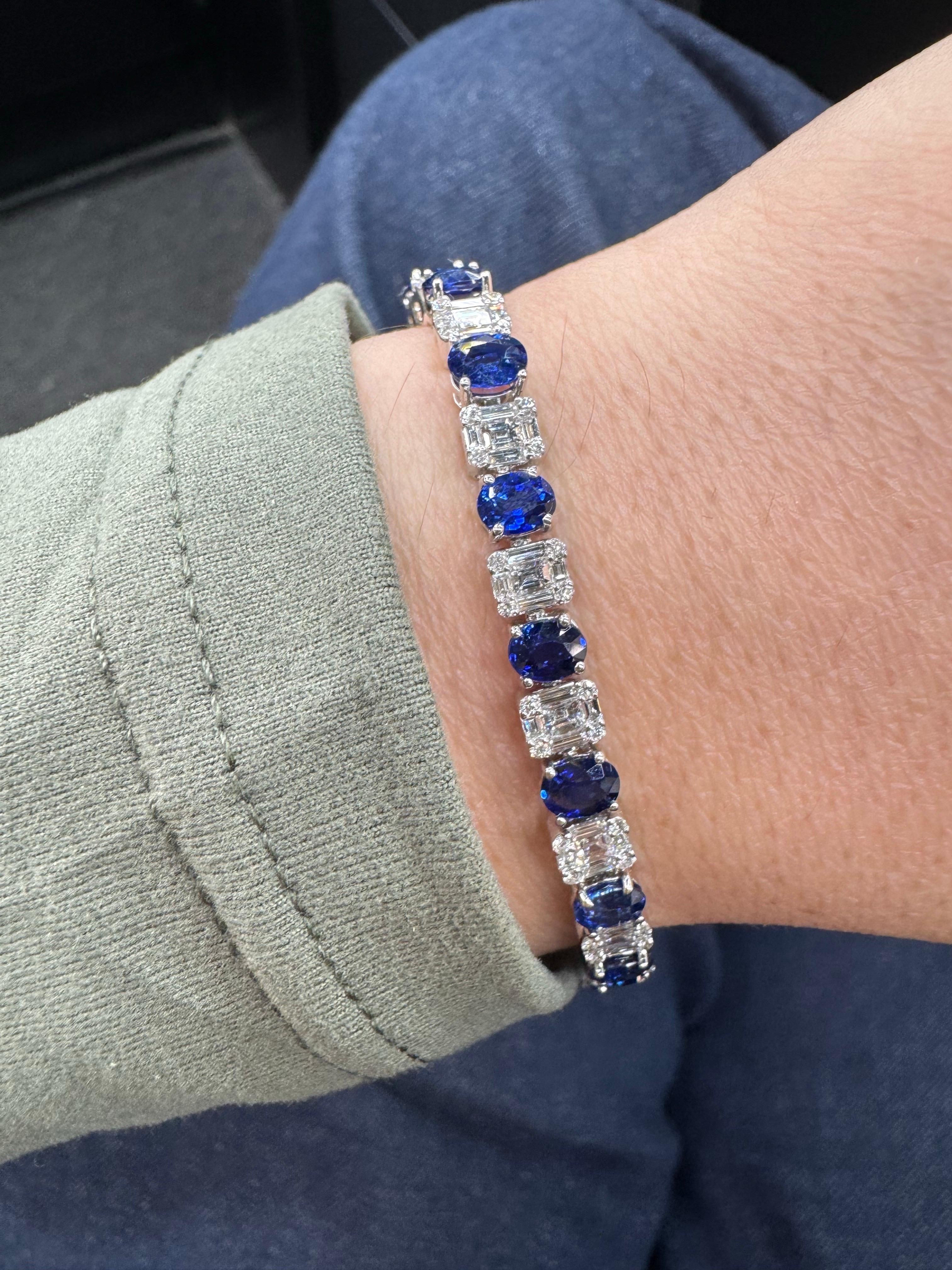 Zafiro Ovalado Diamante Ilusión Pulsera Tenis 11.80 Quilates Oro Blanco 18 Kilates en venta 8