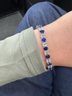Oval Sapphire Diamond Illusion Tennis Bracelet 11.80 Carats 18 Karat White Gold