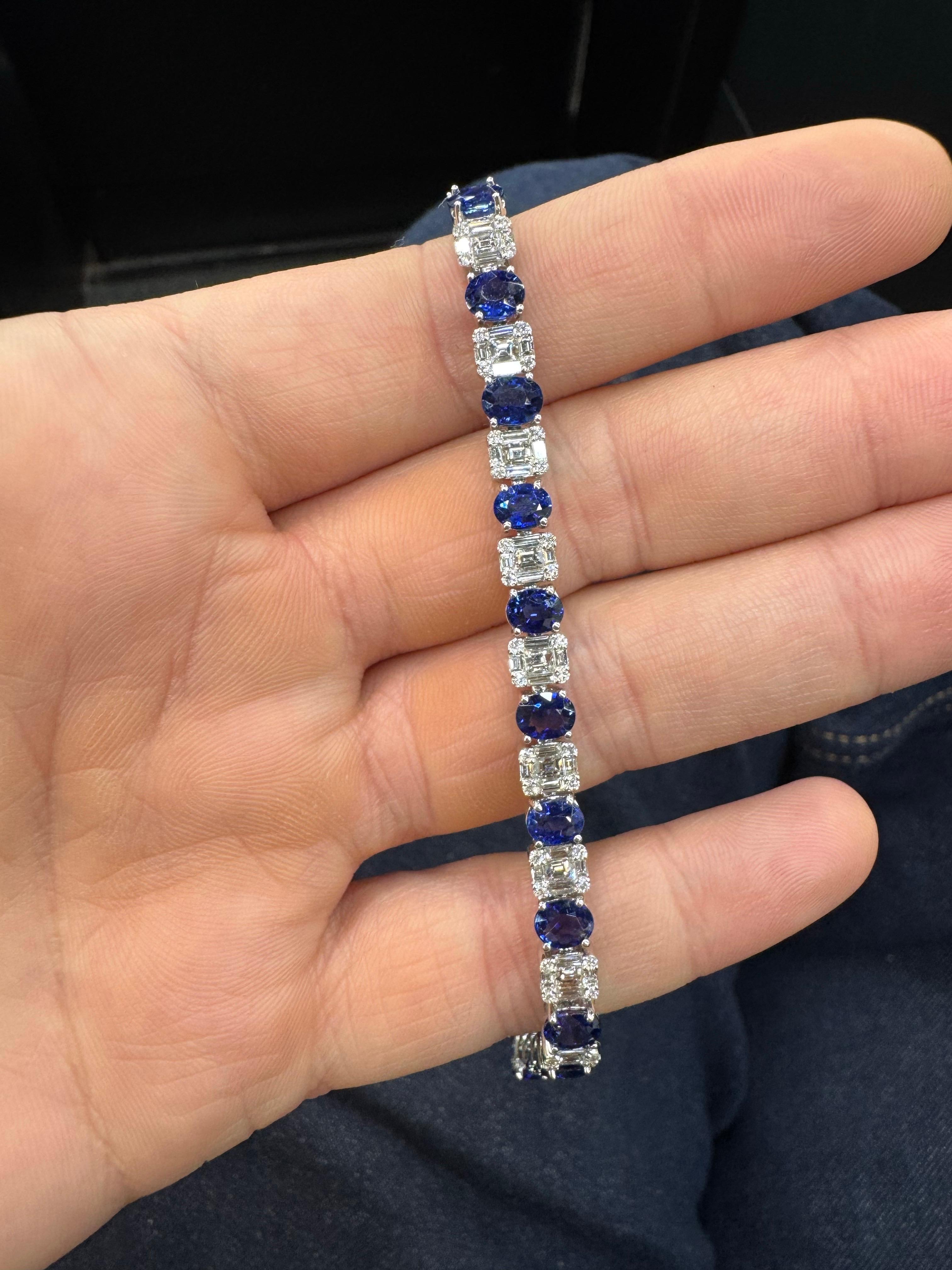 Zafiro Ovalado Diamante Ilusión Pulsera Tenis 11.80 Quilates Oro Blanco 18 Kilates Corte oval en venta