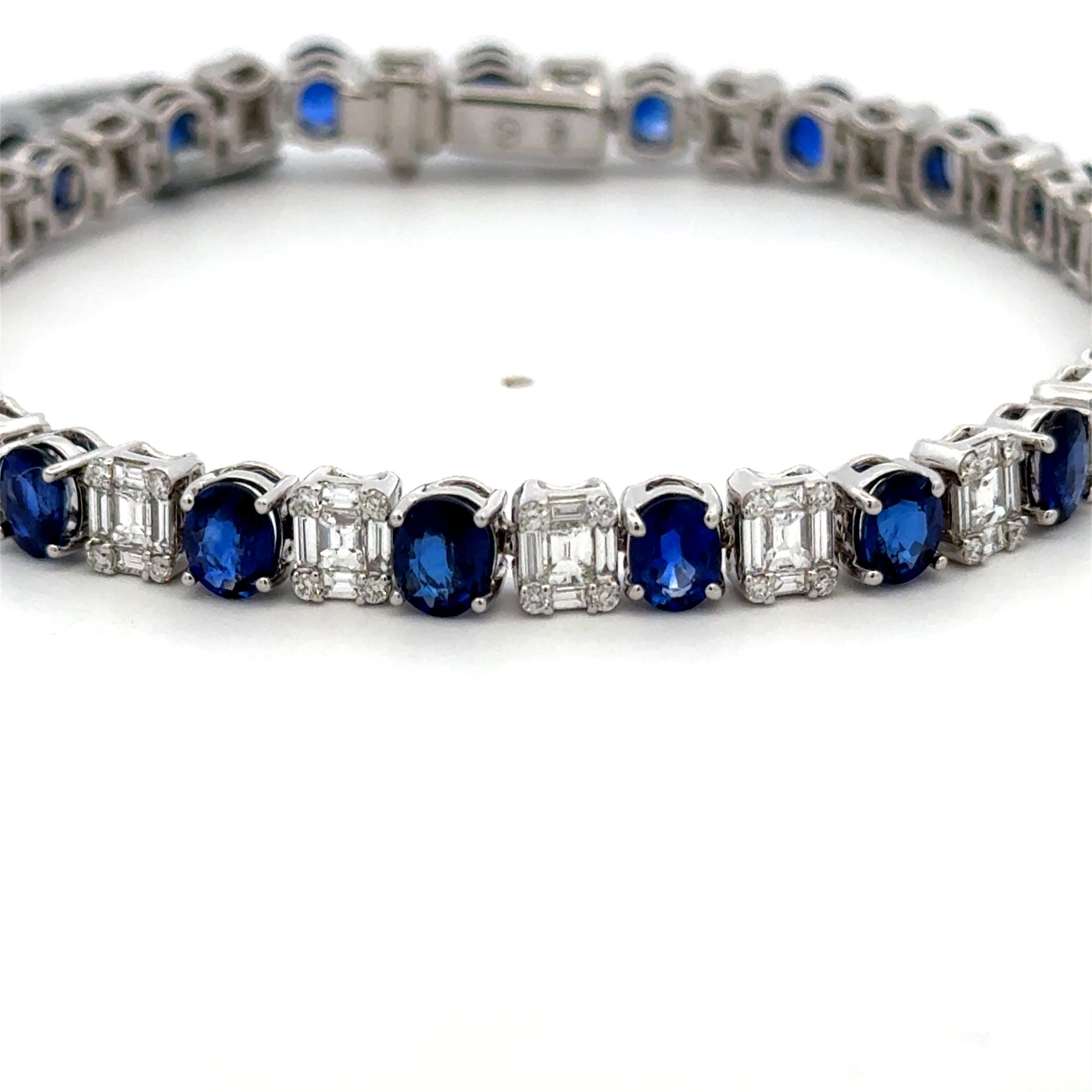 Zafiro Ovalado Diamante Ilusión Pulsera Tenis 11.80 Quilates Oro Blanco 18 Kilates en venta 3