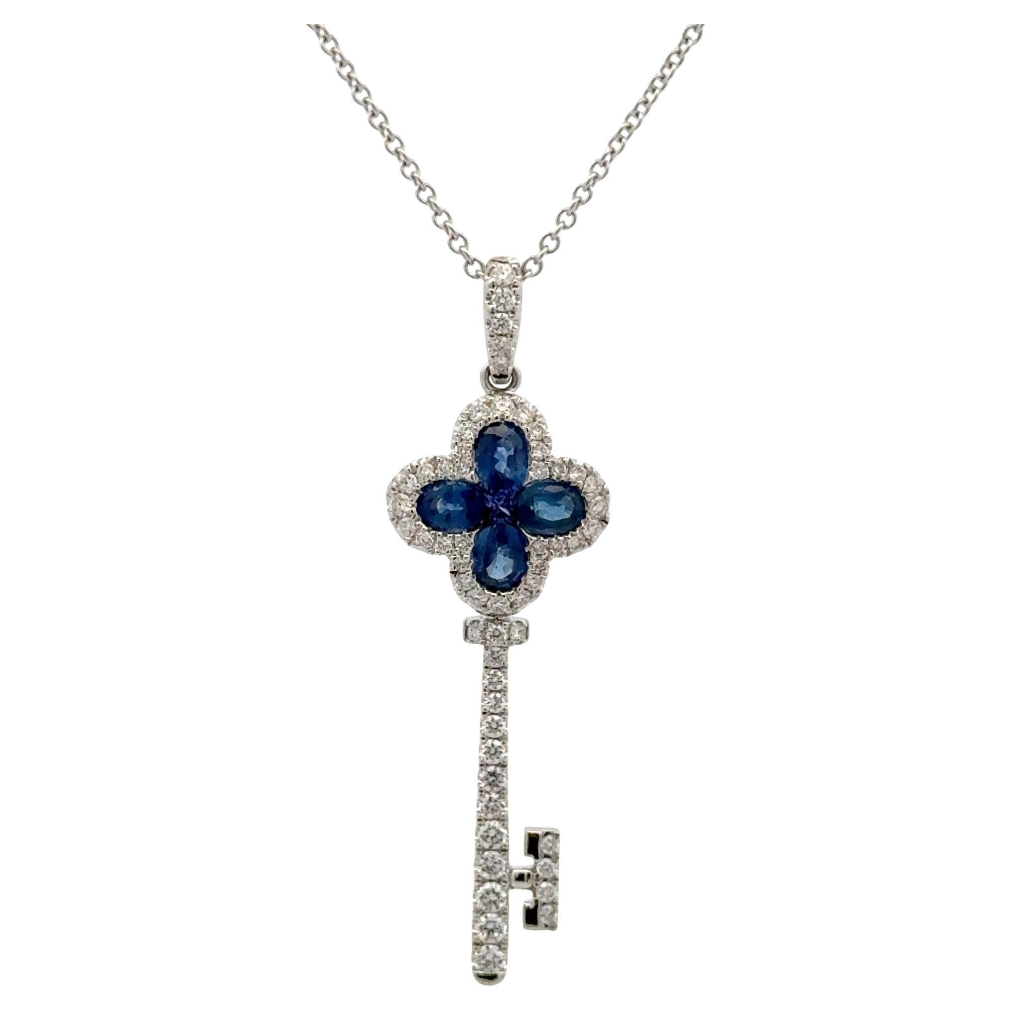 Oval Sapphire Diamond Key Charm Pendant Necklace 1.60 CTTW 18KT White Gold G VS2