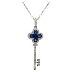 Oval Sapphire Diamond Key Charm Pendant Necklace 1.60 CTTW 18KT White Gold G VS2