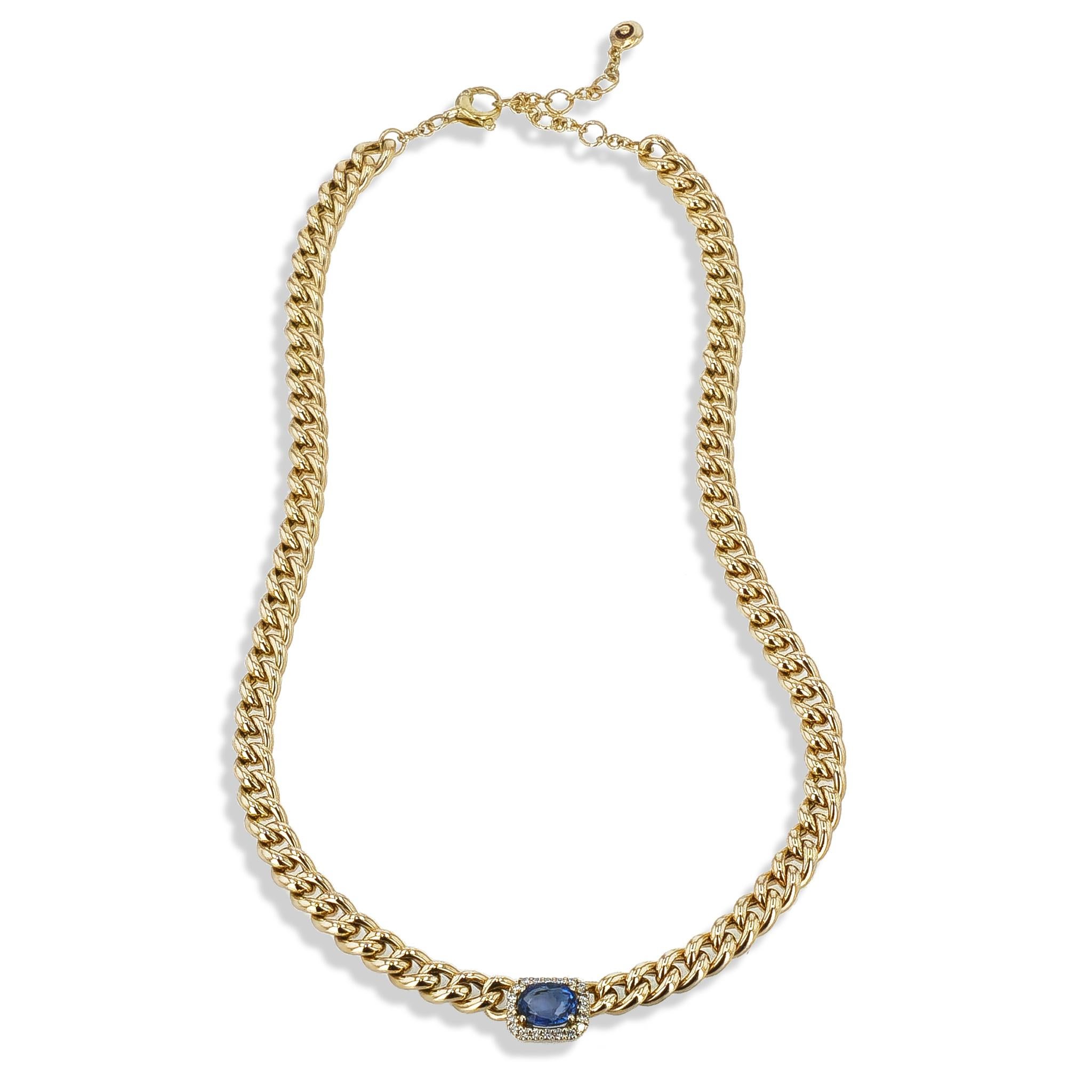 Halskette aus 18 Karat Gelbgold mit ovalem Saphir und Diamant-Pavé (Ovalschliff)