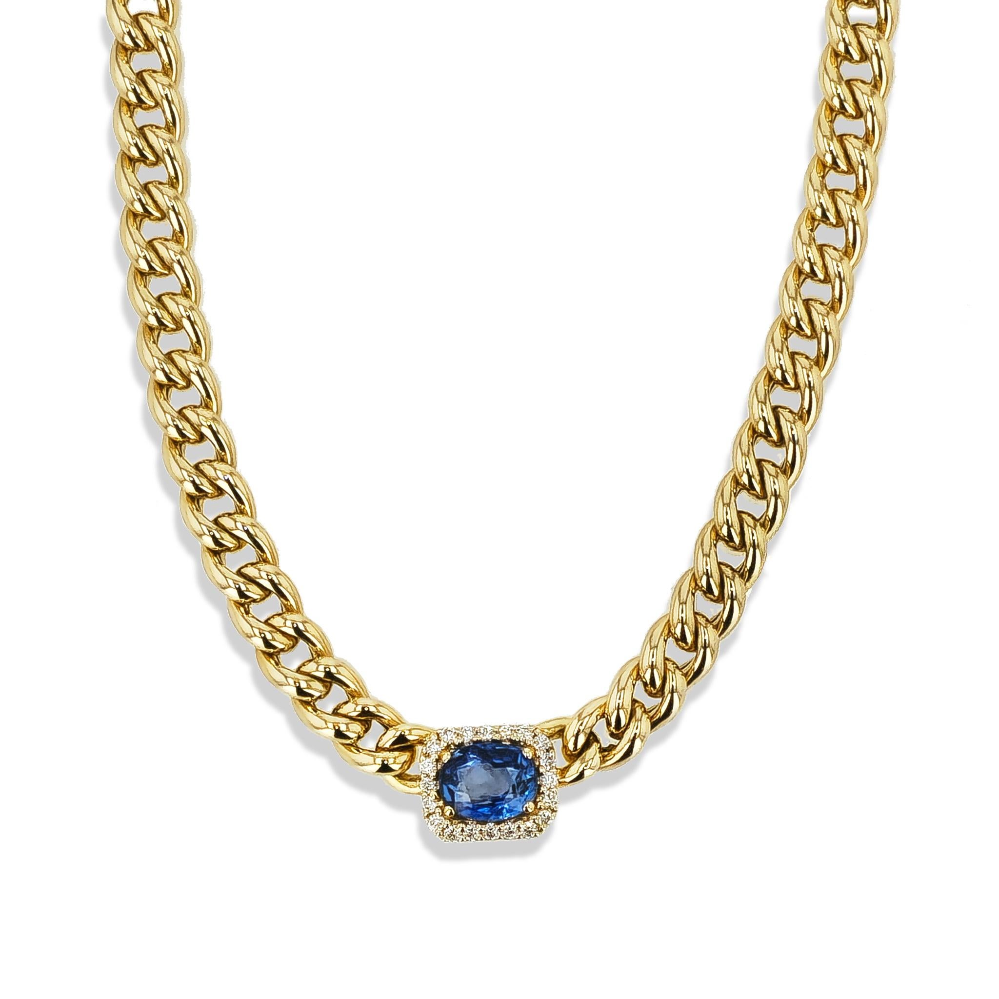 Oval Sapphire Diamond Pave 18 karat Yellow Gold Necklace In New Condition For Sale In Miami, FL