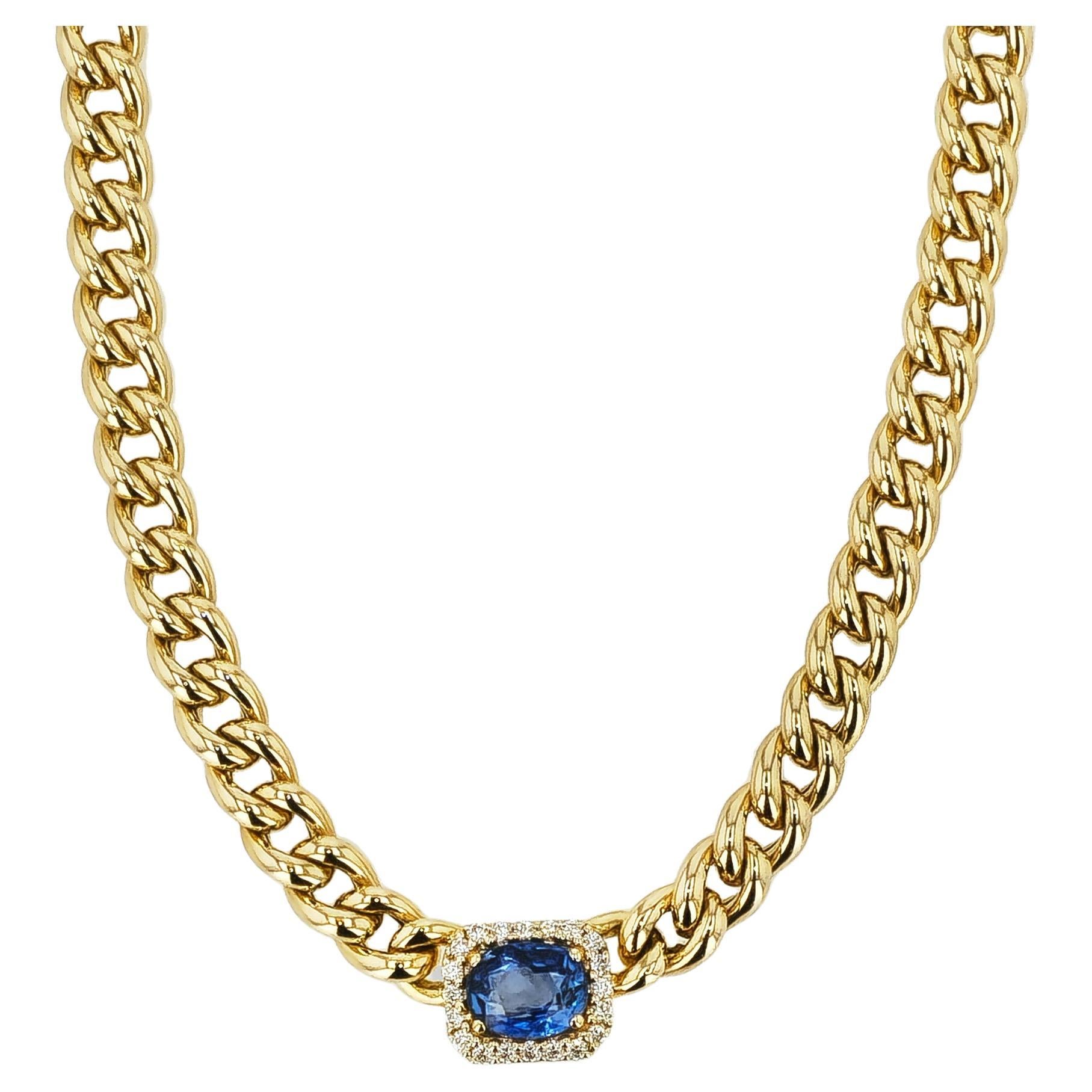 Halskette aus 18 Karat Gelbgold mit ovalem Saphir und Diamant-Pavé