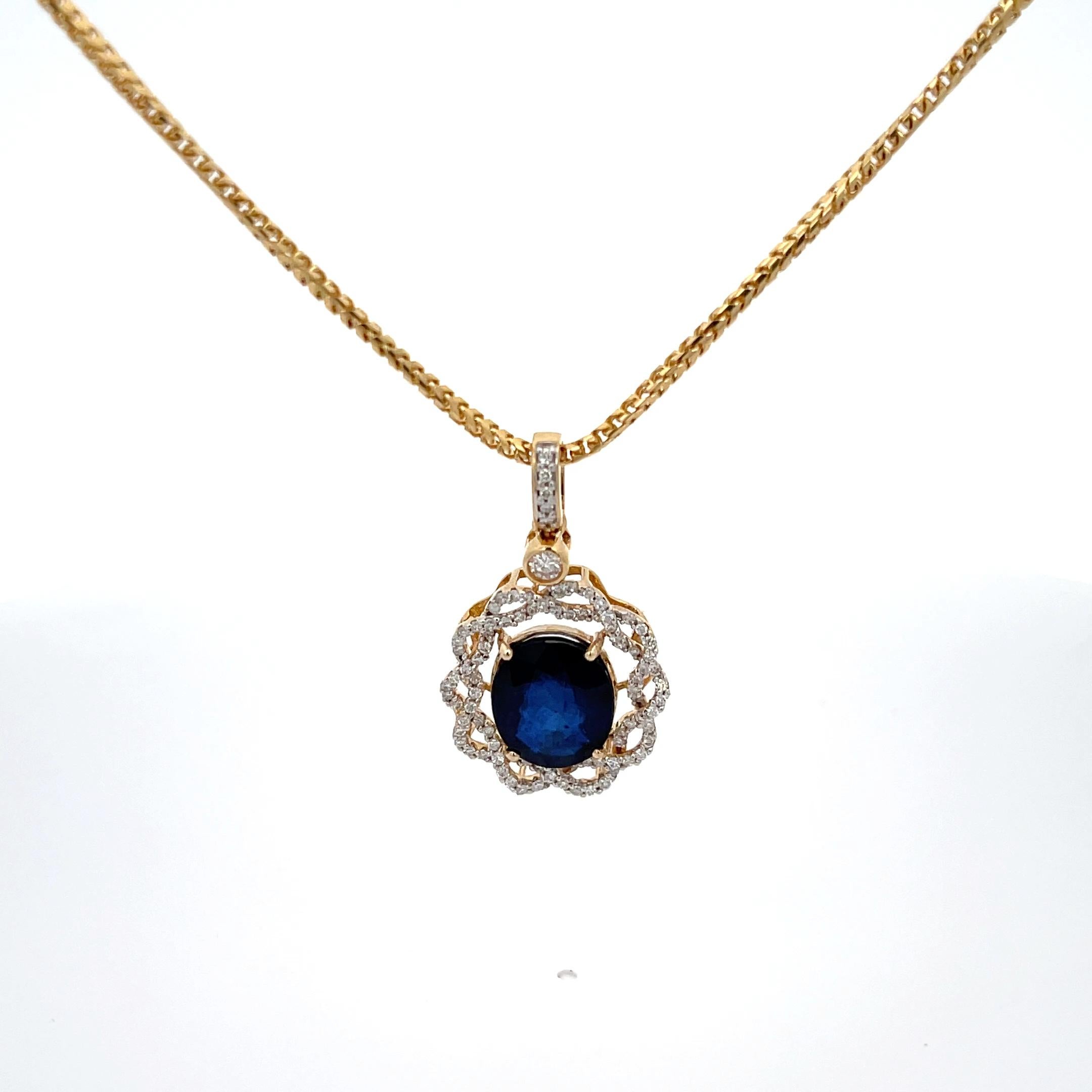 Oval Cut Oval Sapphire & Diamond Pendant 14K Yellow Gold on 18K Yellow Gold Chain For Sale