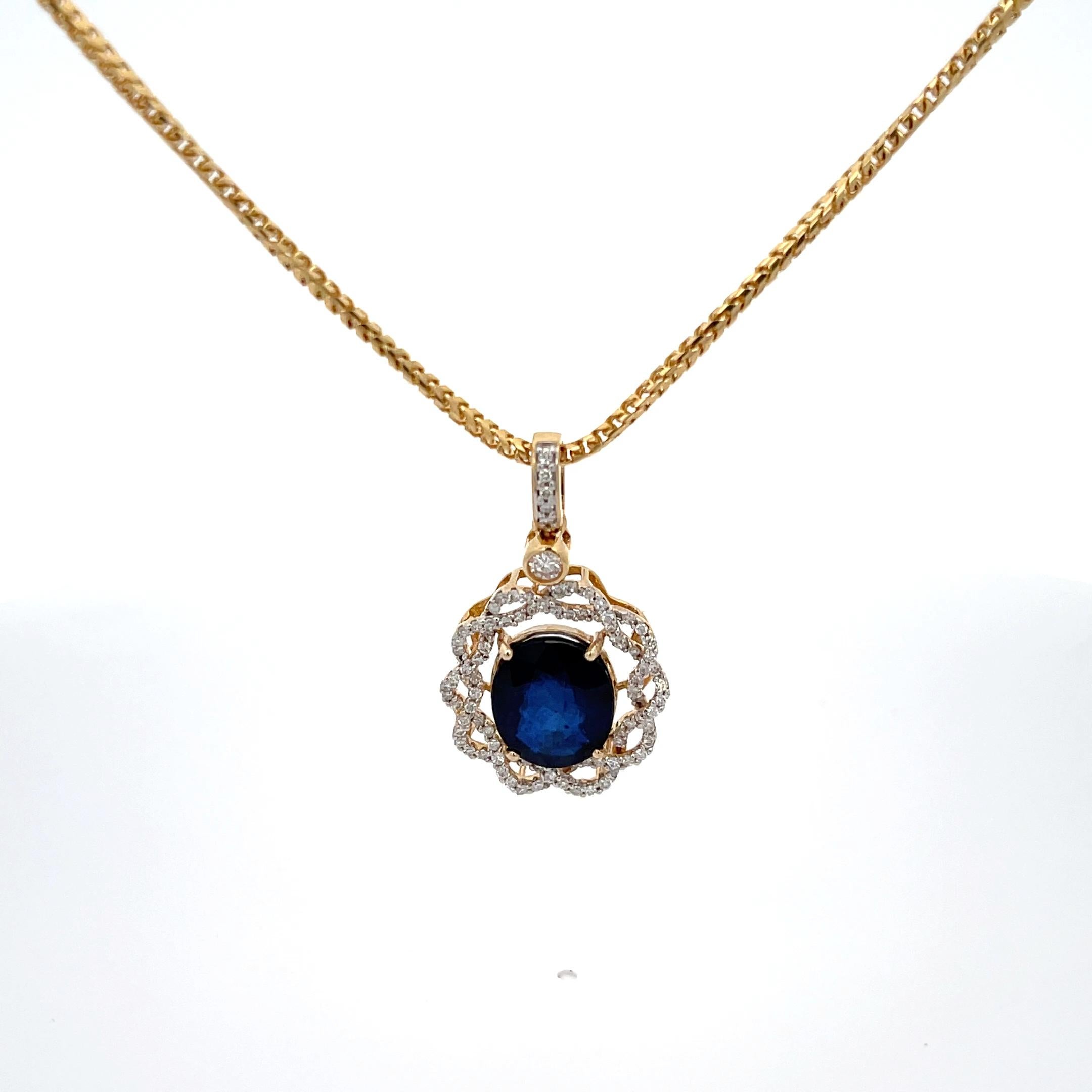 Ovaler Saphir- und Diamant-Anhänger 14K Gelbgold auf 18K Gelbgold Kette (Ovalschliff)