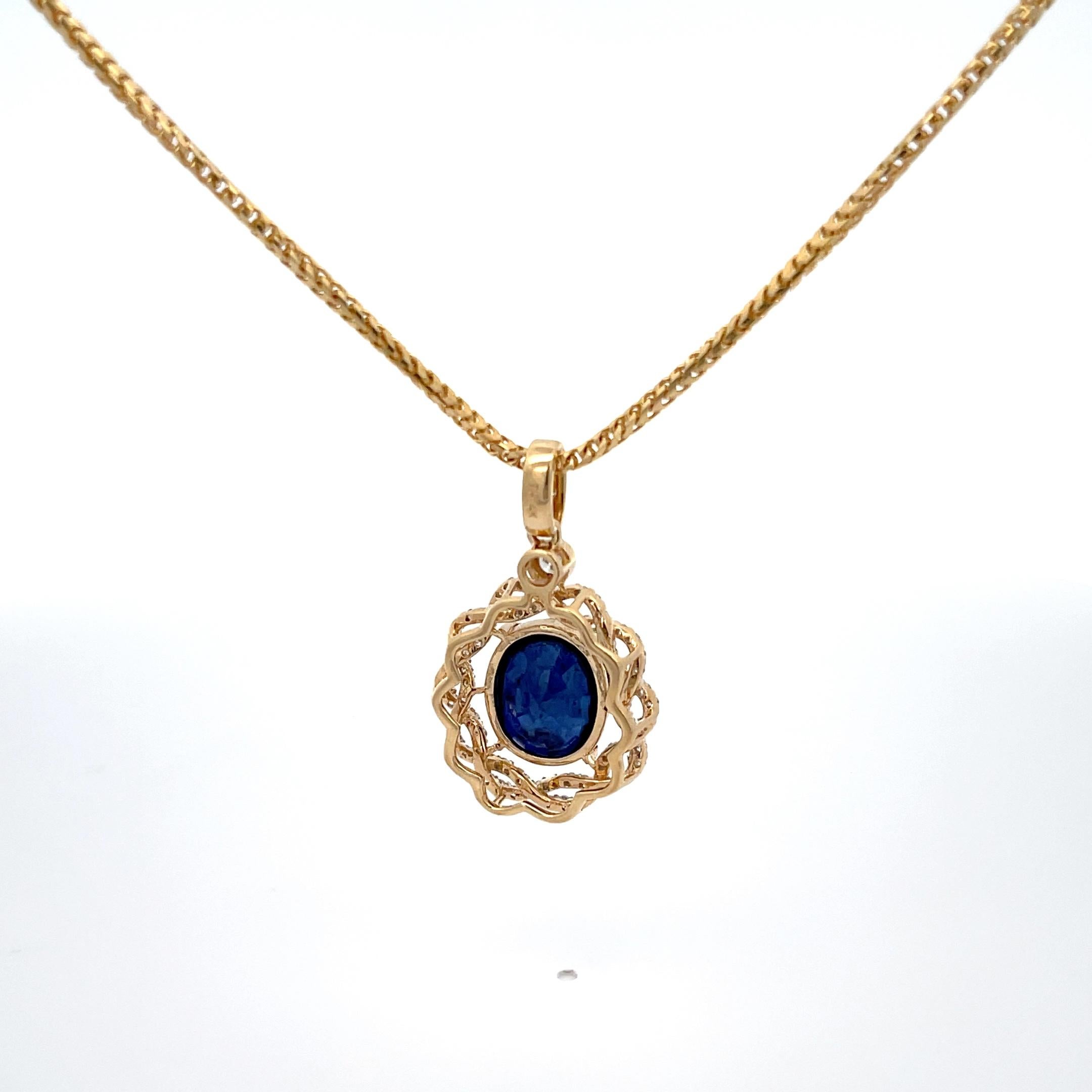 Women's Oval Sapphire & Diamond Pendant 14K Yellow Gold on 18K Yellow Gold Chain For Sale