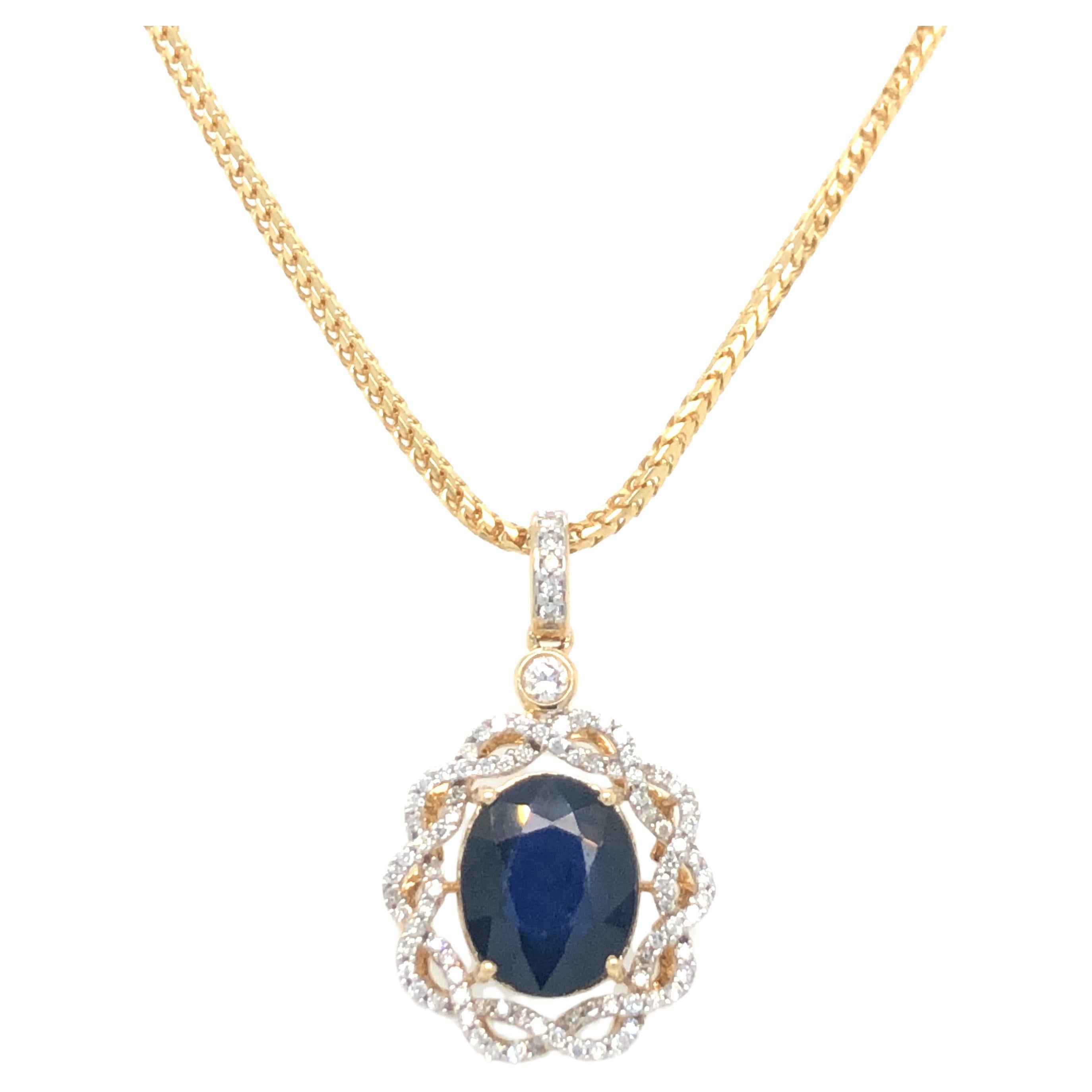 Oval Sapphire & Diamond Pendant 14K Yellow Gold on 18K Yellow Gold Chain For Sale