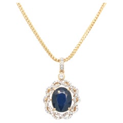 Vintage Oval Sapphire & Diamond Pendant 14K Yellow Gold on 18K Yellow Gold Chain