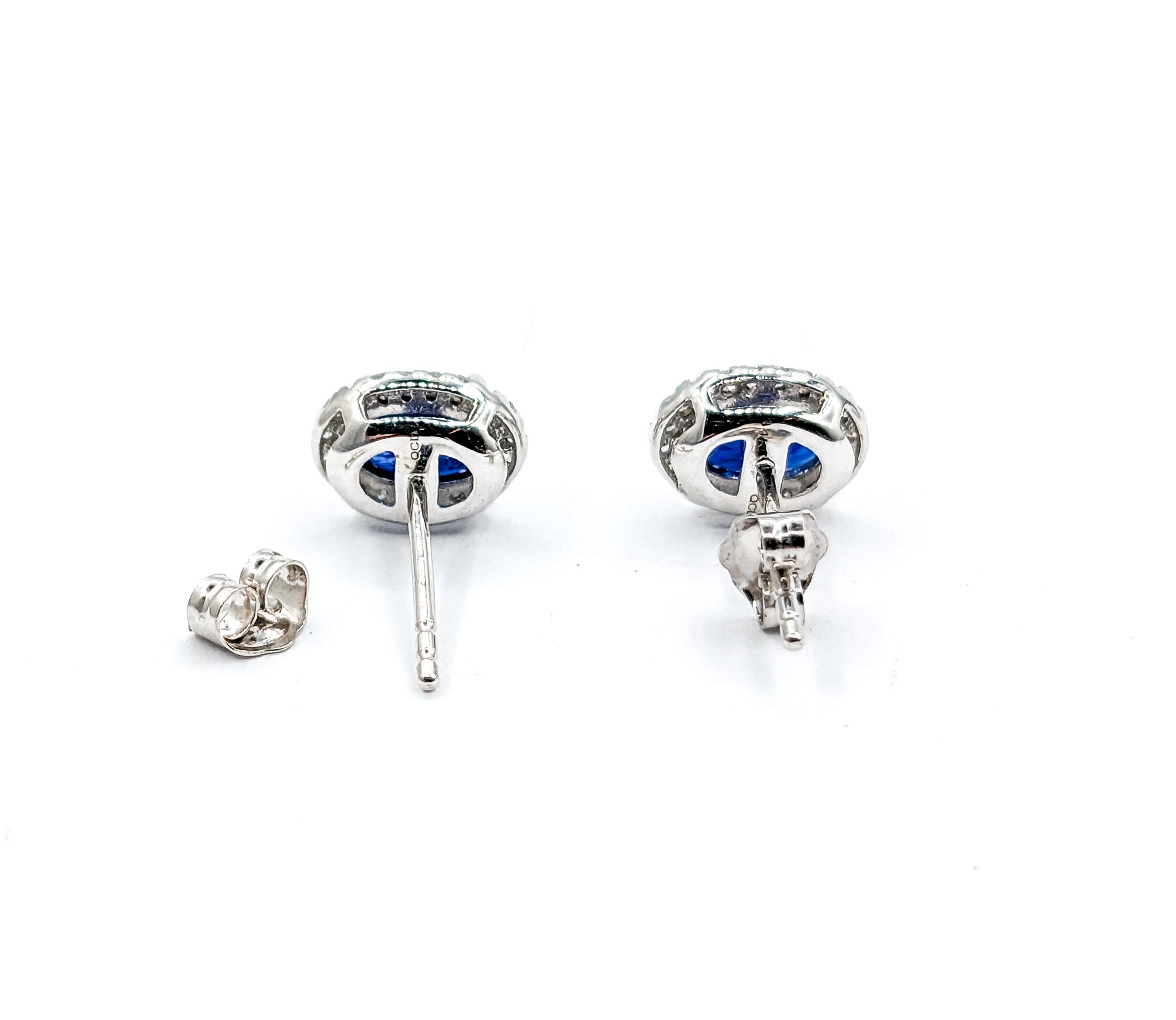 Contemporary Oval Sapphire & Diamond Stud Earring White Gold For Sale
