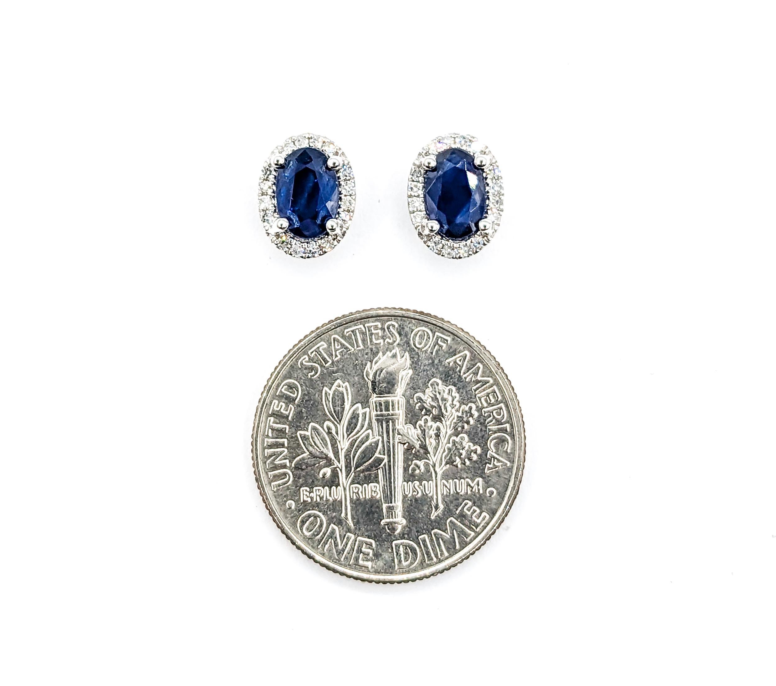 Oval Sapphire & Diamond Stud Earring White Gold For Sale 2