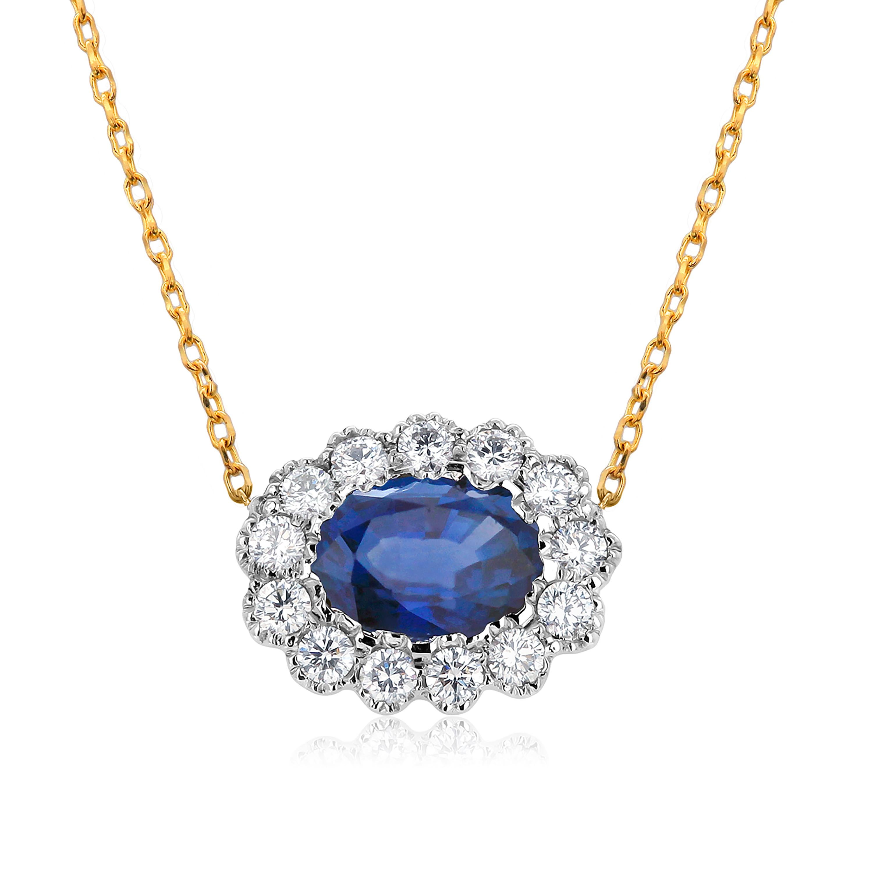 Oval Cut Oval Sapphire Surrounded by Diamonds Gold Layered Necklace Pendant