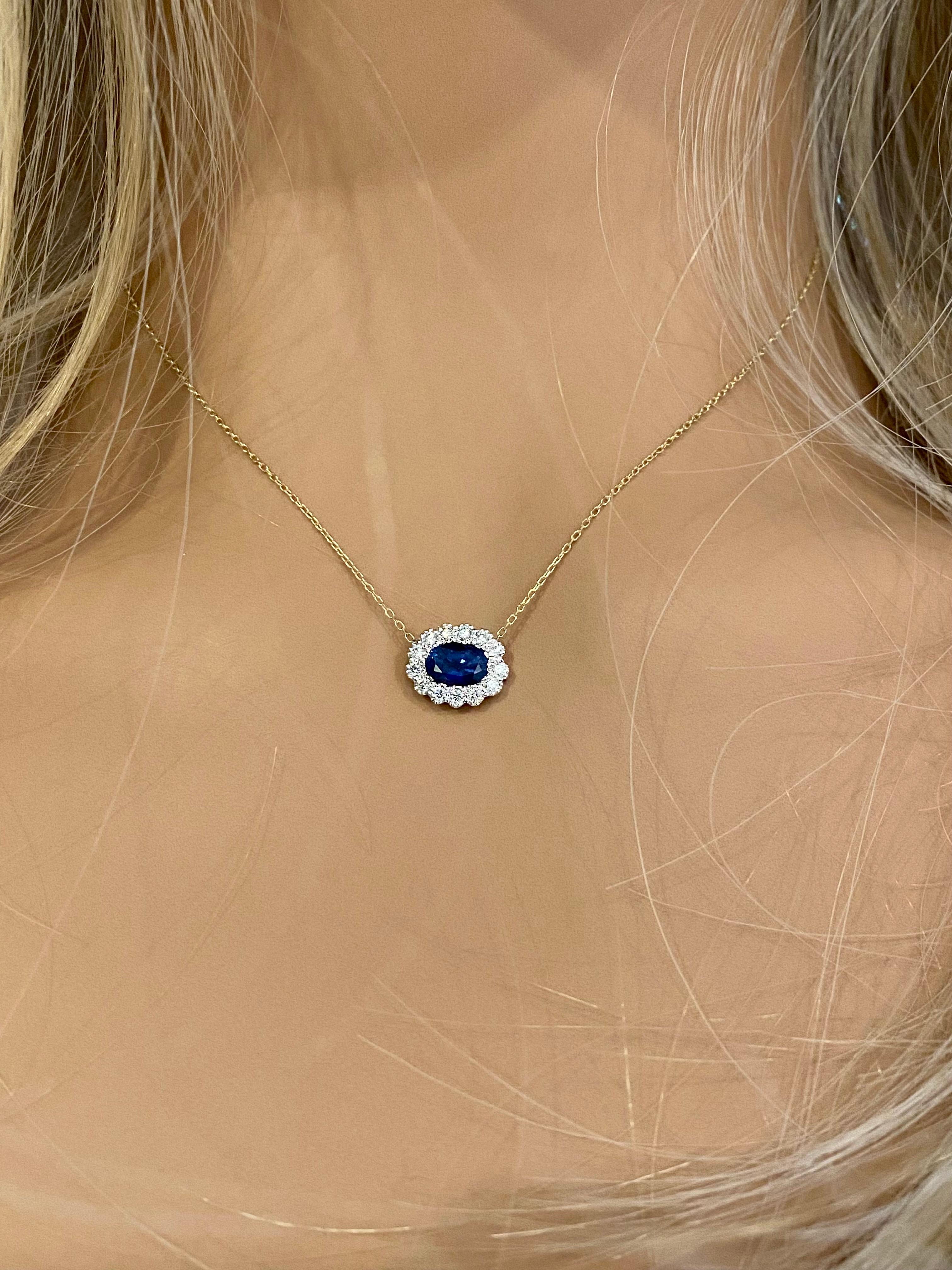 Contemporary Oval Sapphire Surrounded by Diamonds Gold Layered Necklace Pendant
