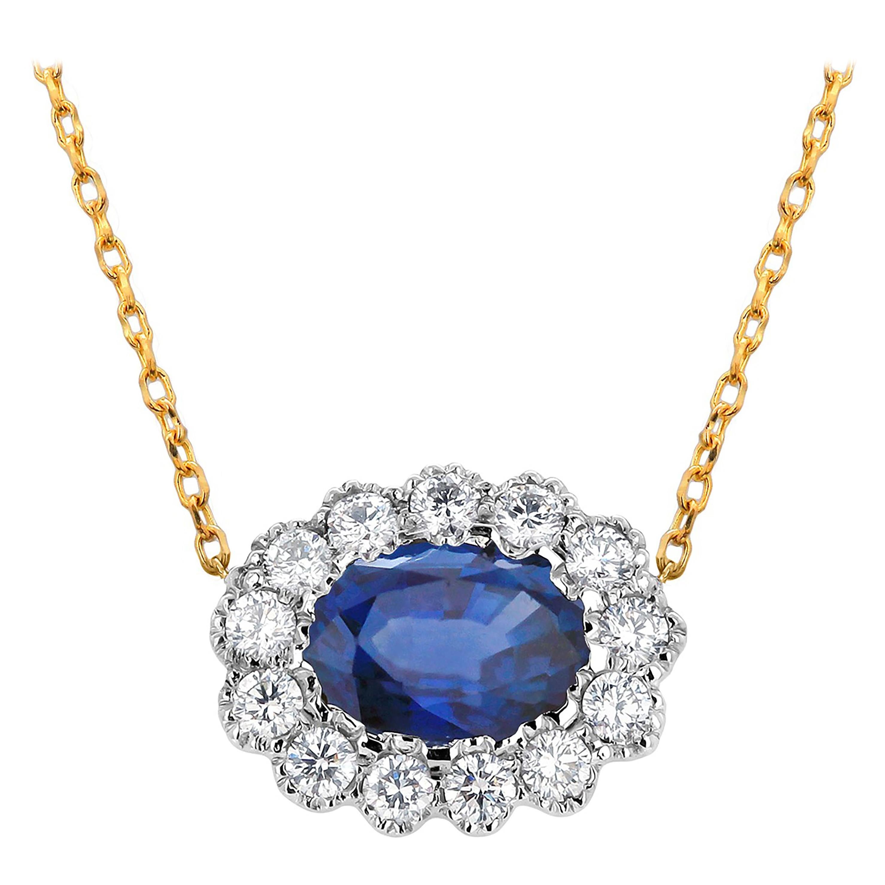 Oval Sapphire Surrounded by Diamonds Gold Layered Necklace Pendant
