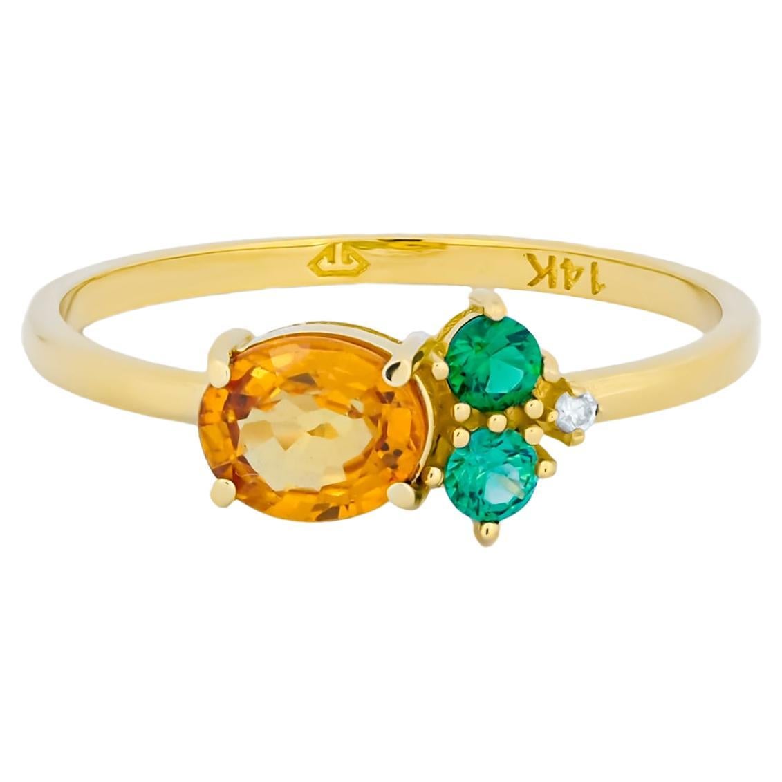 Oval sapphire, tsavorite and diamonds 14k gold ring. For Sale