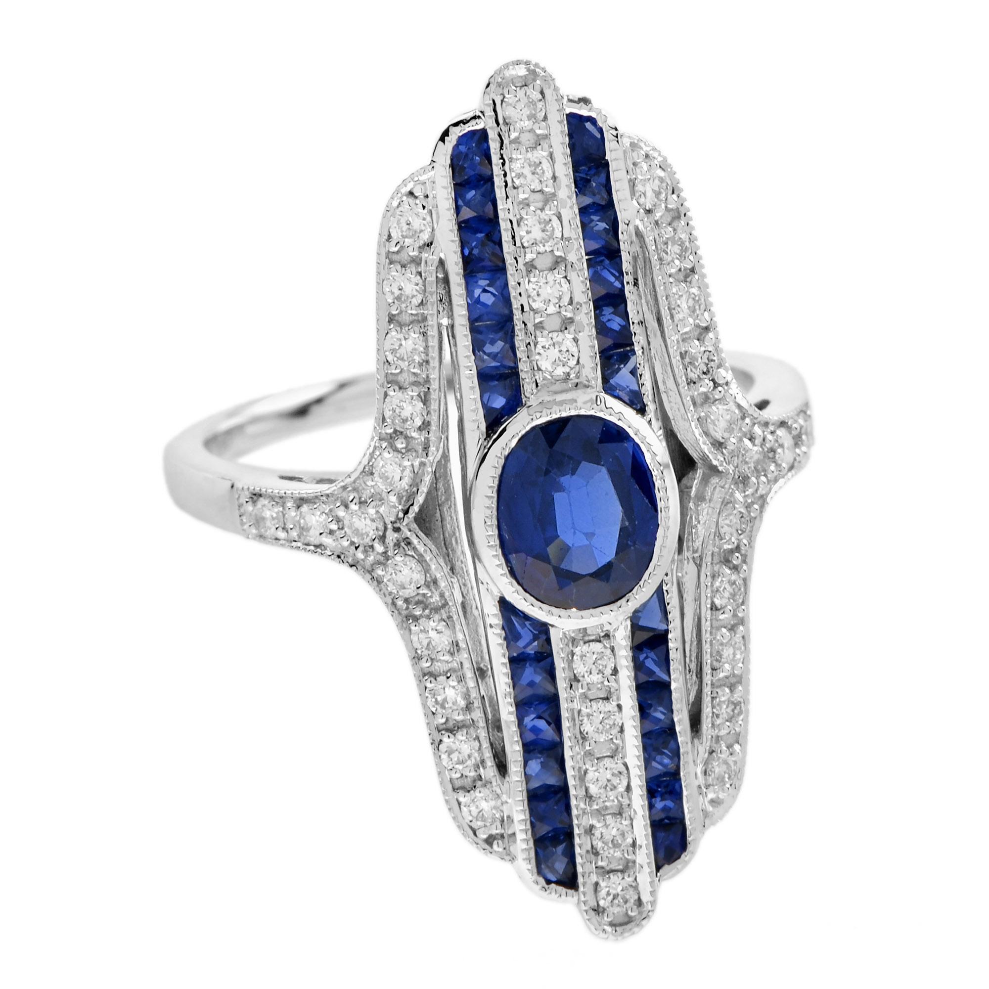 Cocktailring mit ovalem Saphir und Diamant im Art-Déco-Stil aus 18 Karat Weißgold Damen im Angebot