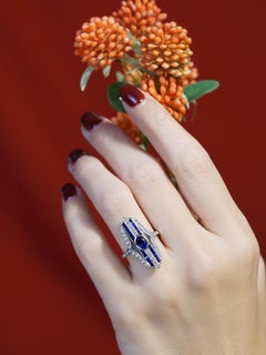 Oval Sapphire with Diamond Art Deco Style Cocktail Ring in 18K White Gold