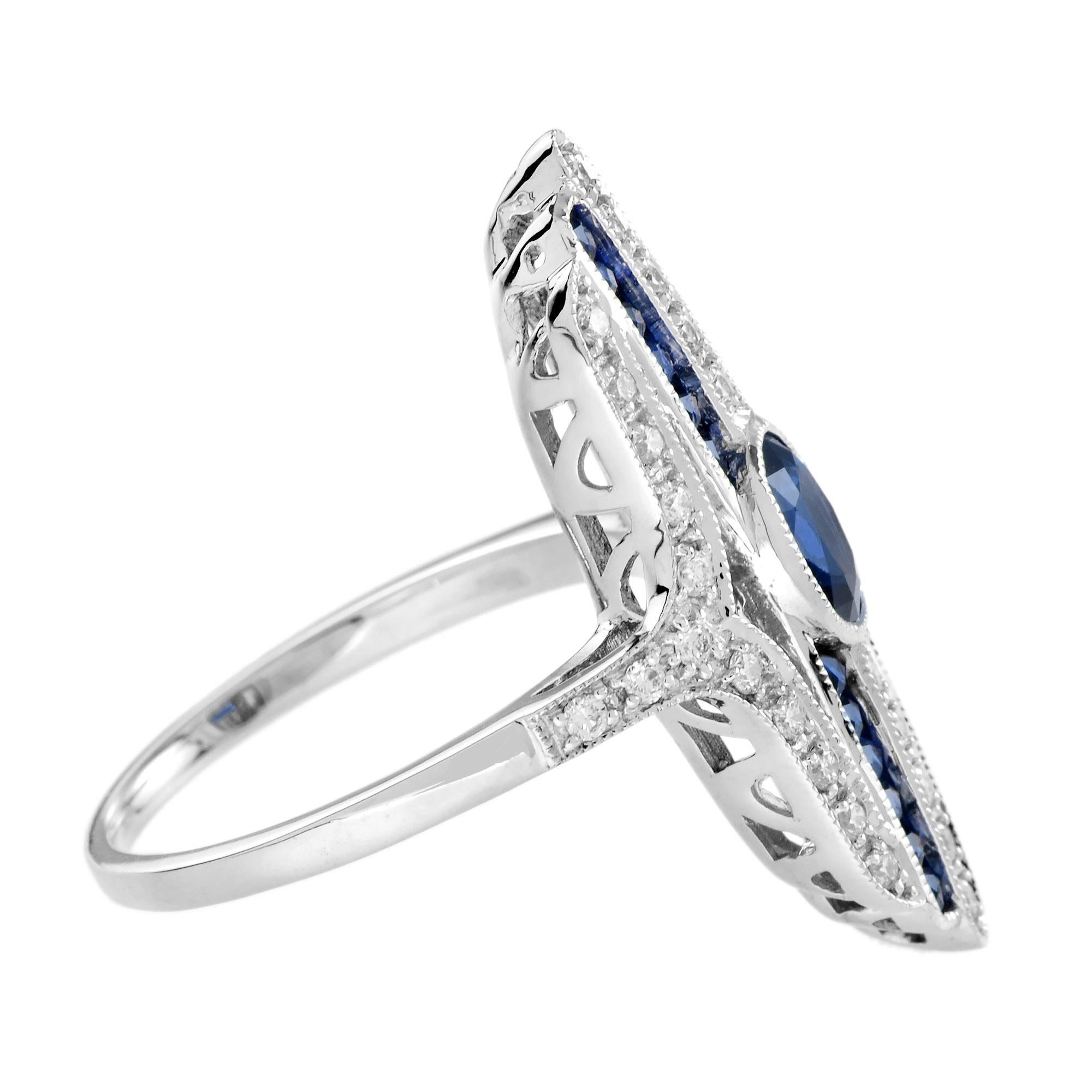 Cocktailring mit ovalem Saphir und Diamant im Art-Déco-Stil aus 18 Karat Weißgold im Angebot 1