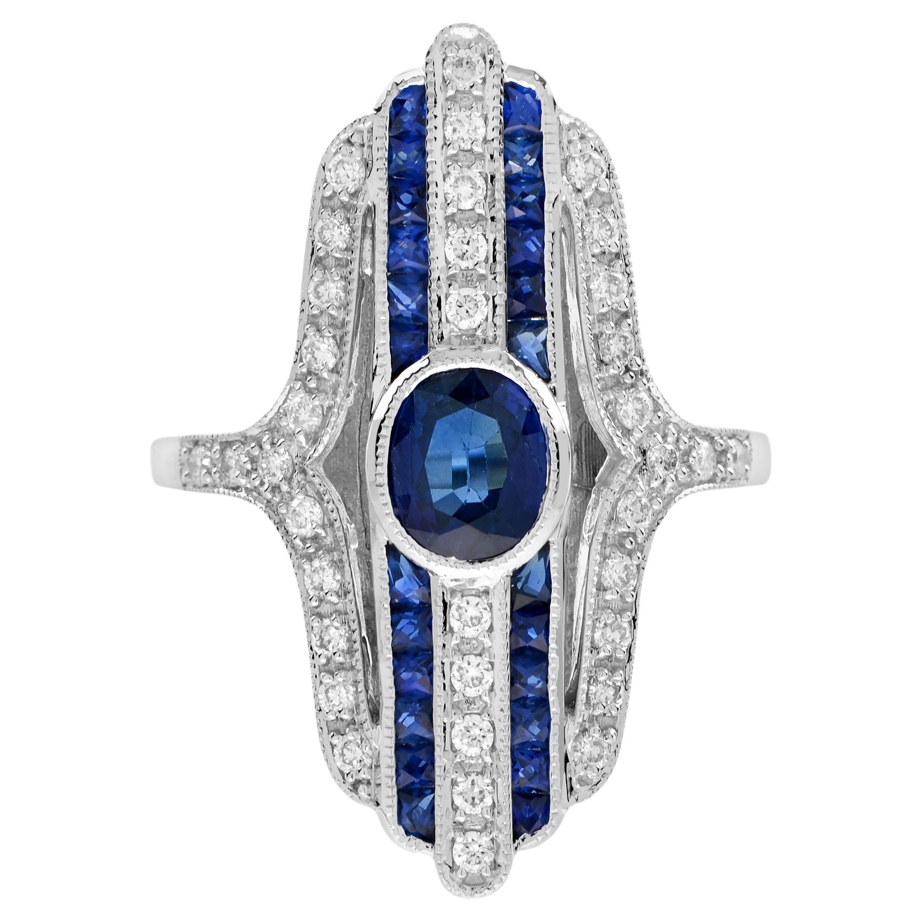 Anello da cocktail con zaffiro ovale e diamante in stile Art Déco in oro bianco 18 carati
