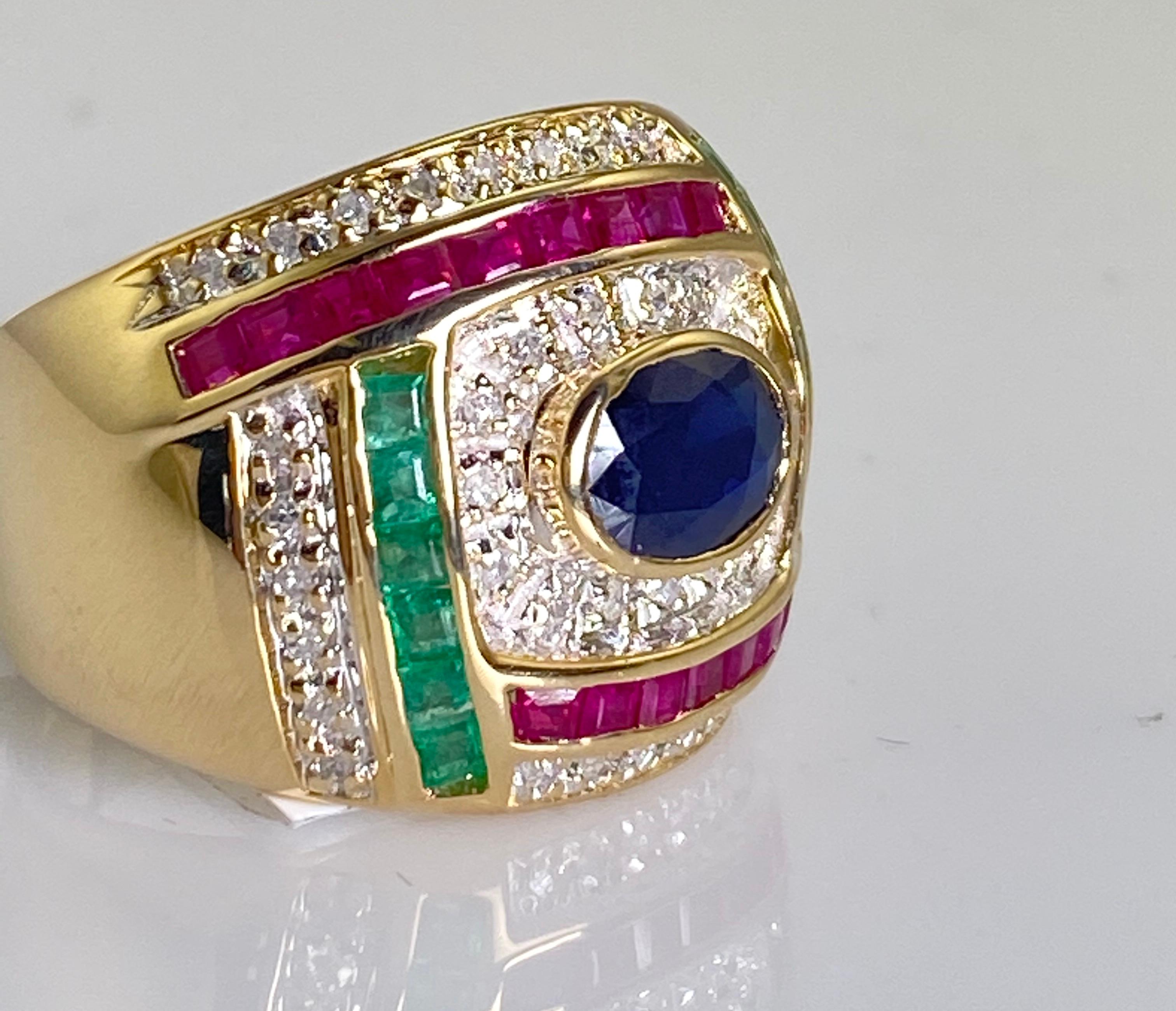 Modern Oval Sapphire with Princess Cut Emeralds, Rubies and Round Diamonds 14K YG