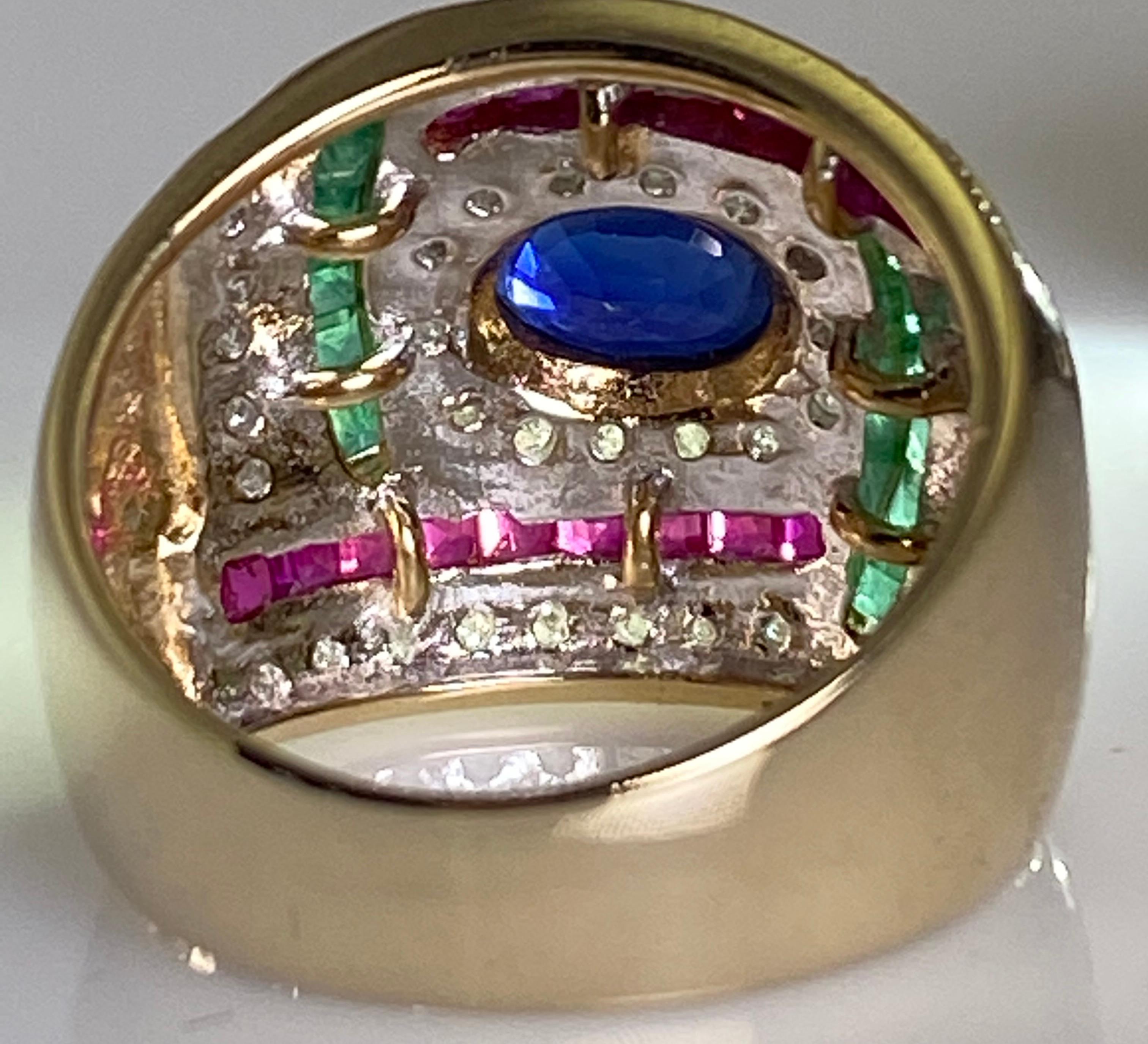 Round Cut Oval Sapphire with Princess Cut Emeralds, Rubies and Round Diamonds 14K YG