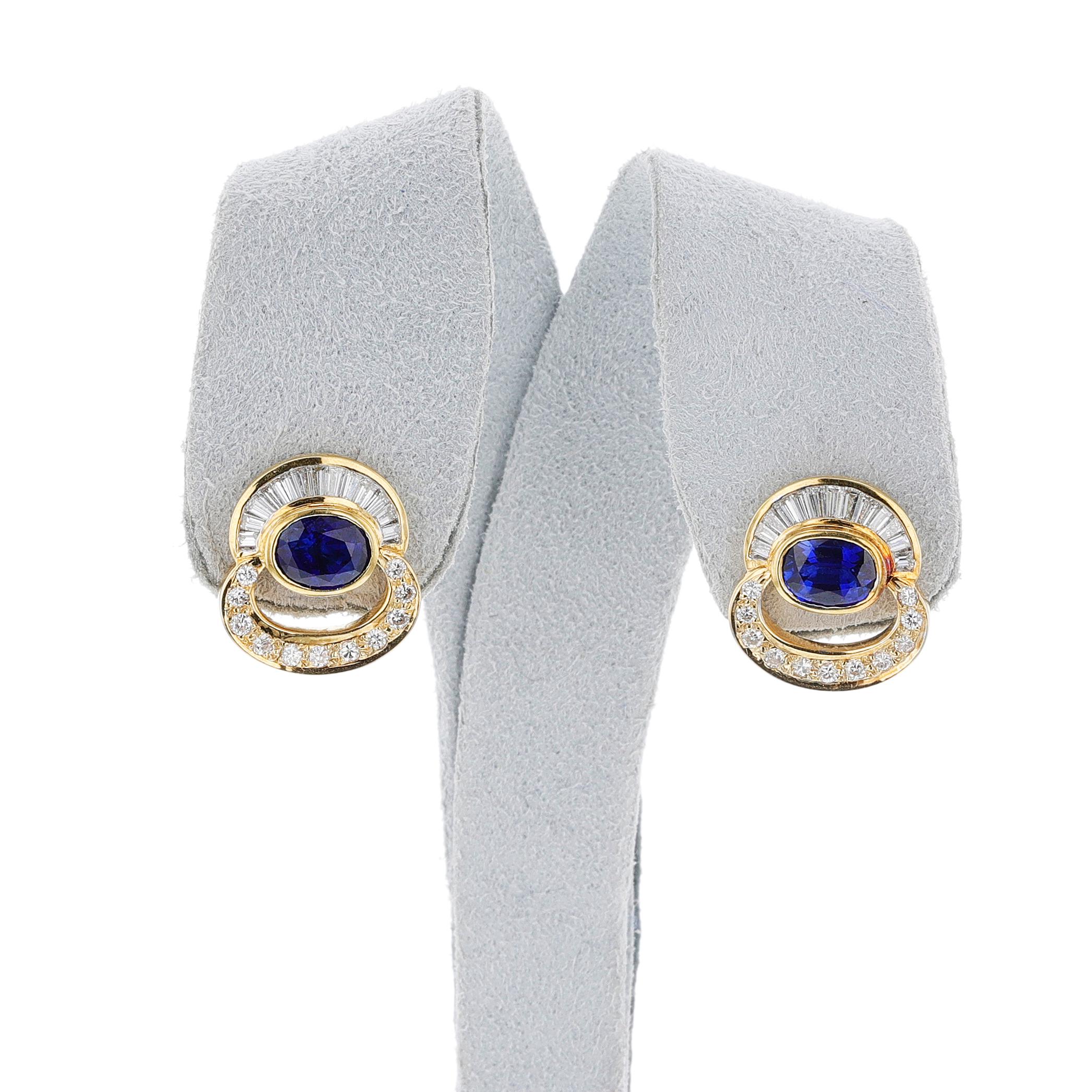 Oval Cut Oval Sapphire with Round and Baguette Diamond Earrings, 18k  For Sale