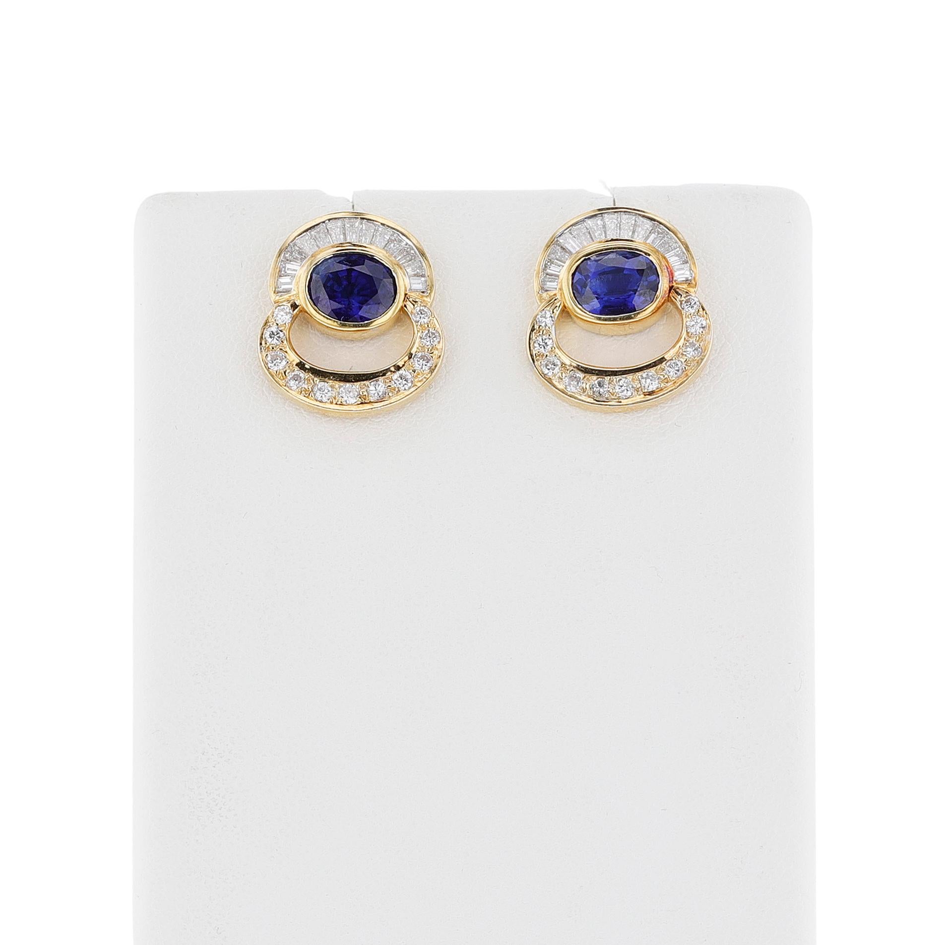 Oval Sapphire with Round and Baguette Diamond Earrings, 18k  In Excellent Condition For Sale In New York, NY