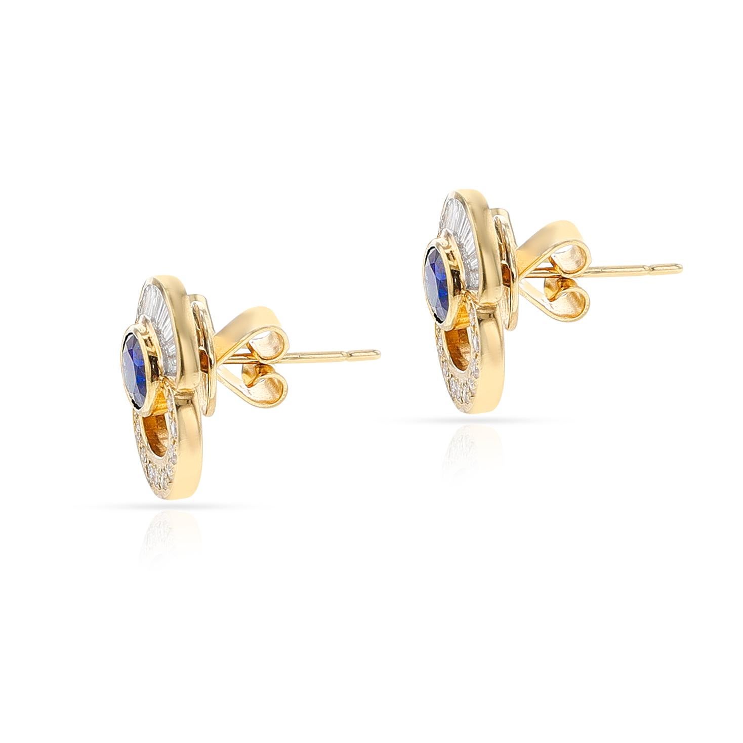 Women's or Men's Oval Sapphire with Round and Baguette Diamond Earrings, 18k  For Sale