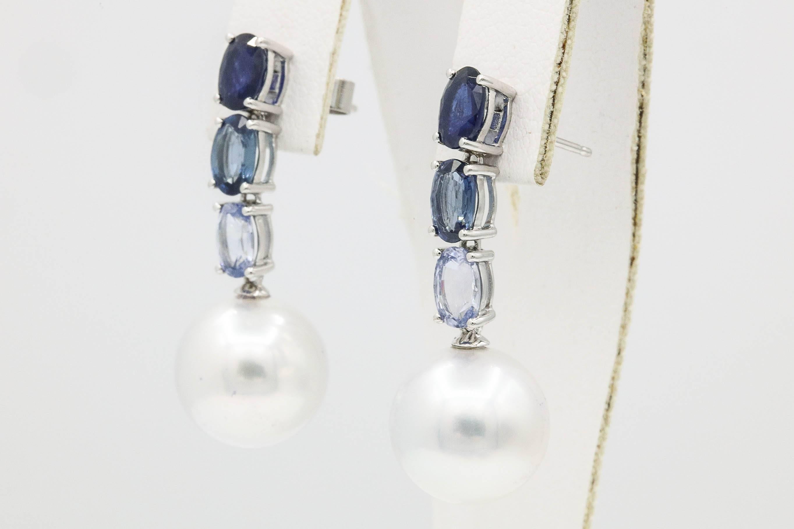 Contemporary Oval Sapphires South Sea Pearls Dangle Drop Earrings 3 Carats 18K White Gold For Sale