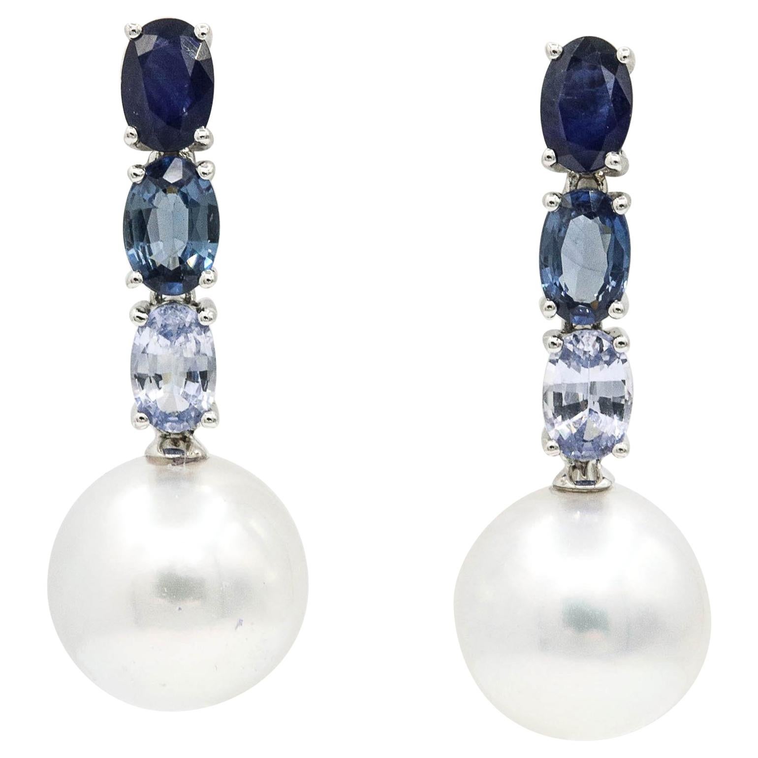 Oval Sapphires South Sea Pearls Dangle Drop Earrings 3 Carats 18K White Gold For Sale