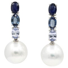 Oval Sapphires South Sea Pearls Dangle Drop Earrings 3 Carats 18K White Gold